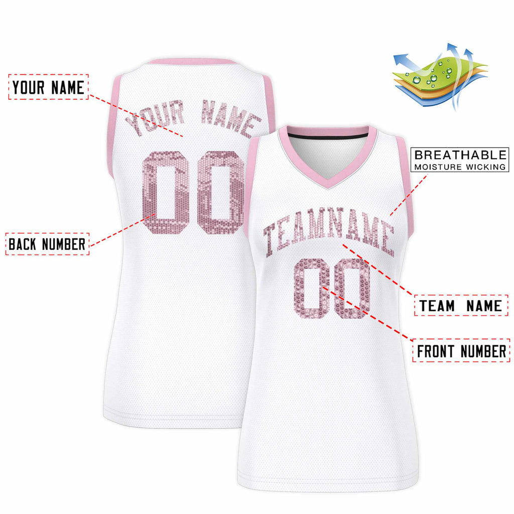 Custom White Light Pink Women Basketball Jersey Sequined Dress