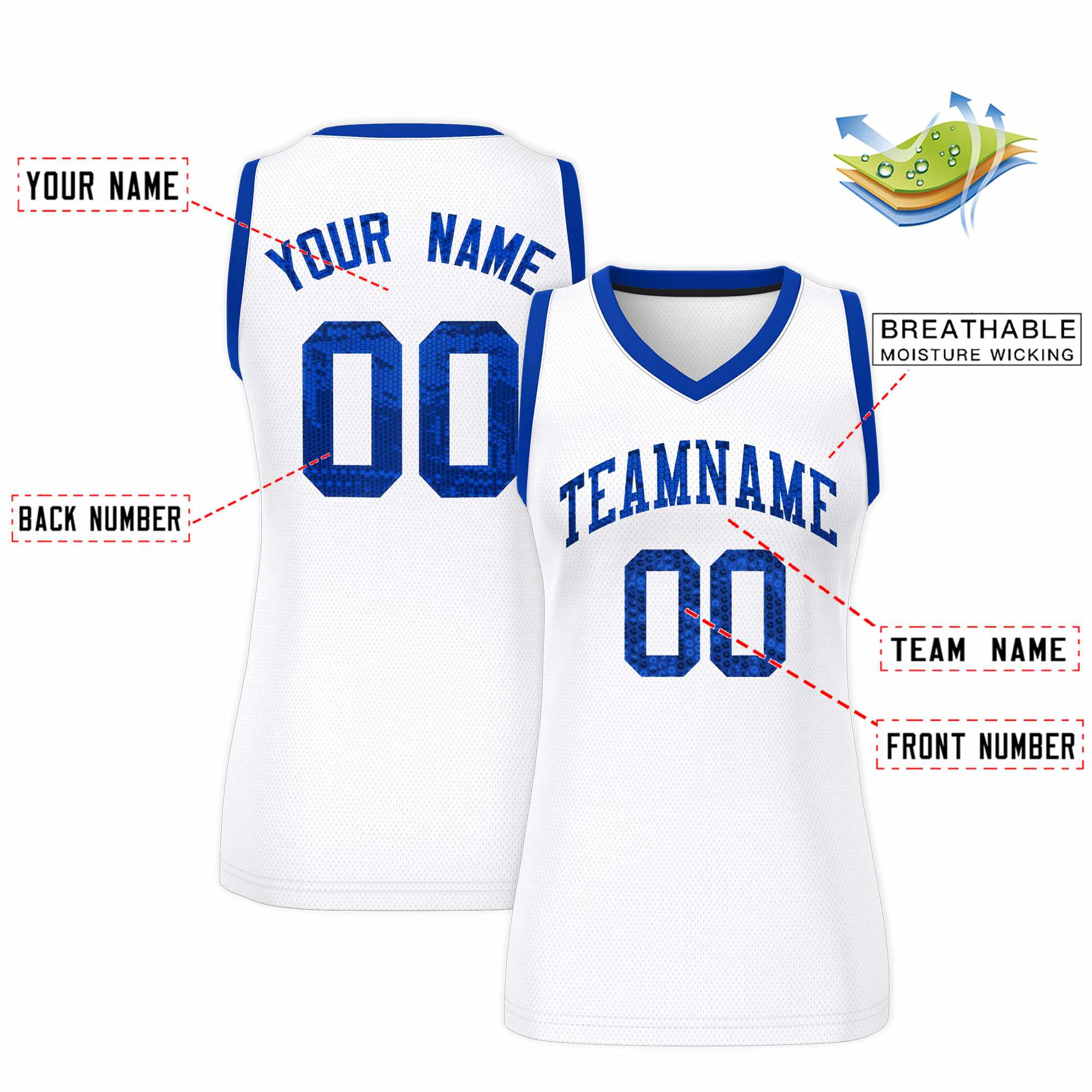 Custom White Royal Women Basketball Jersey Sequined Dress