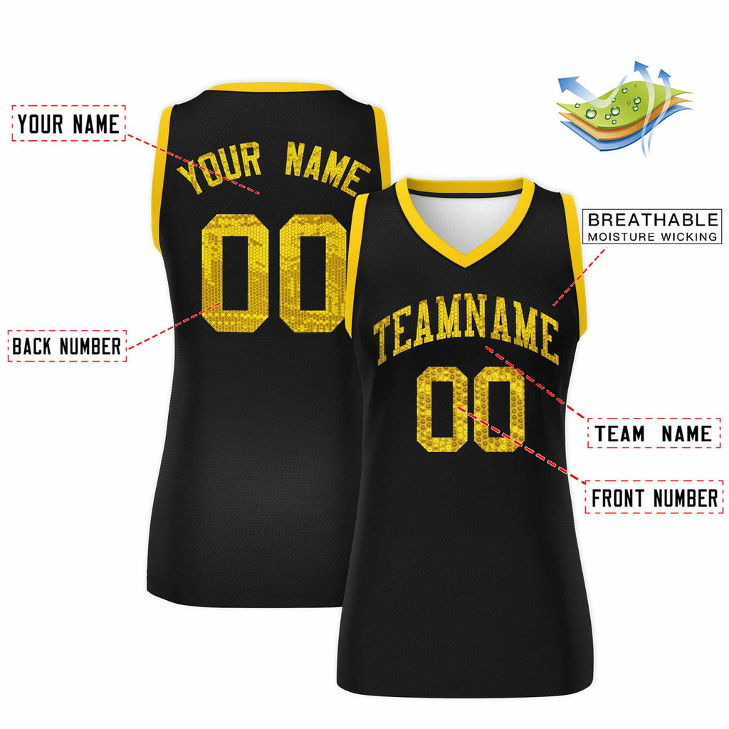 Custom Black Gold Women Basketball Jersey Sequined Dress
