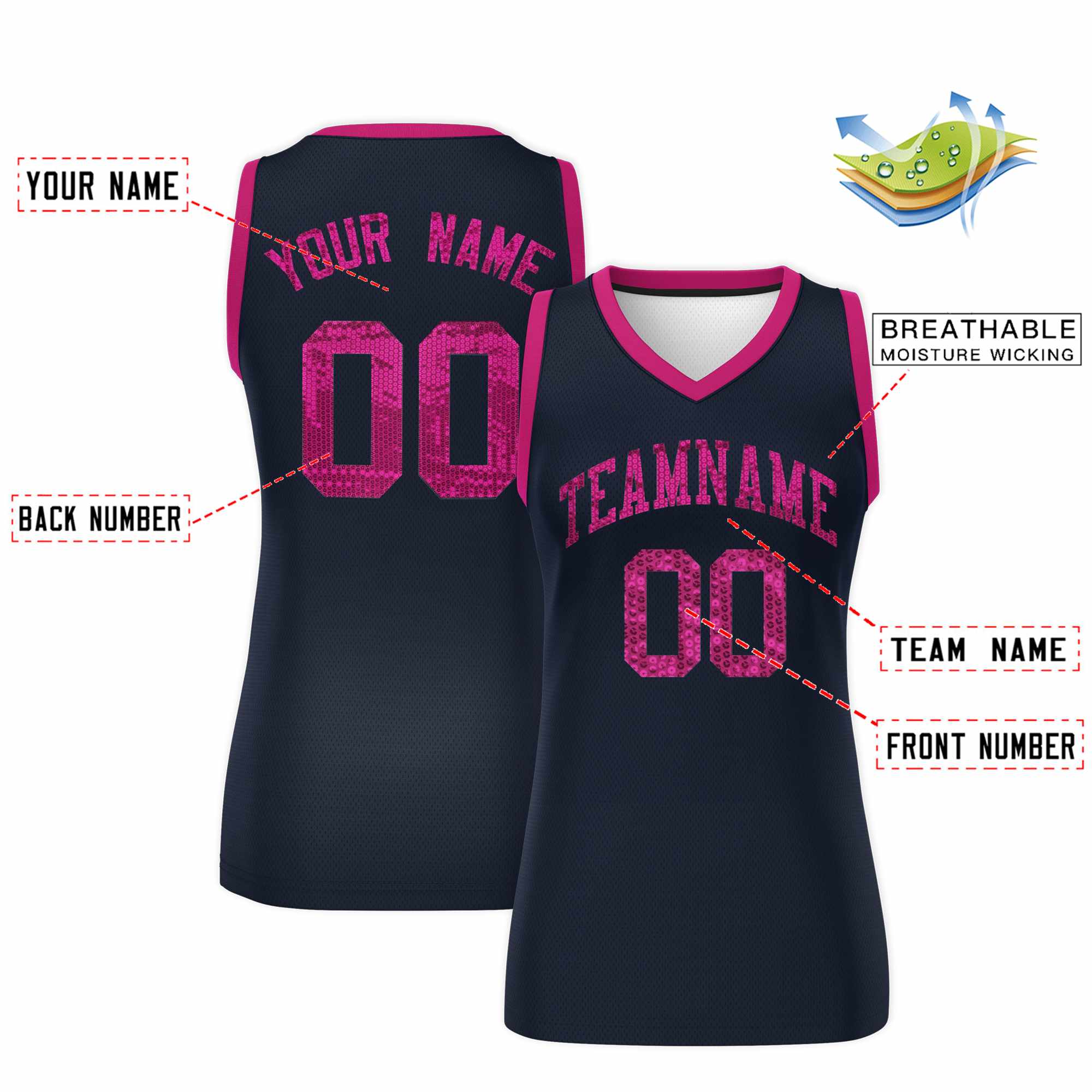Custom Navy Pink Women Basketball Jersey Sequined Dress