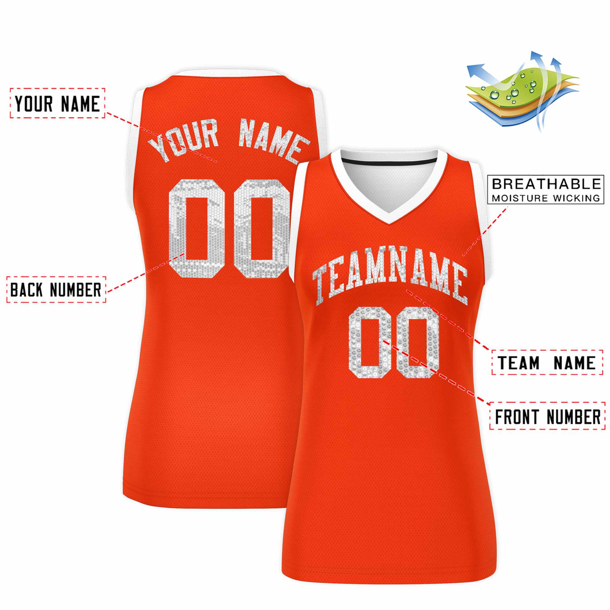 Custom Orange White Women Basketball Jersey Sequined Dress