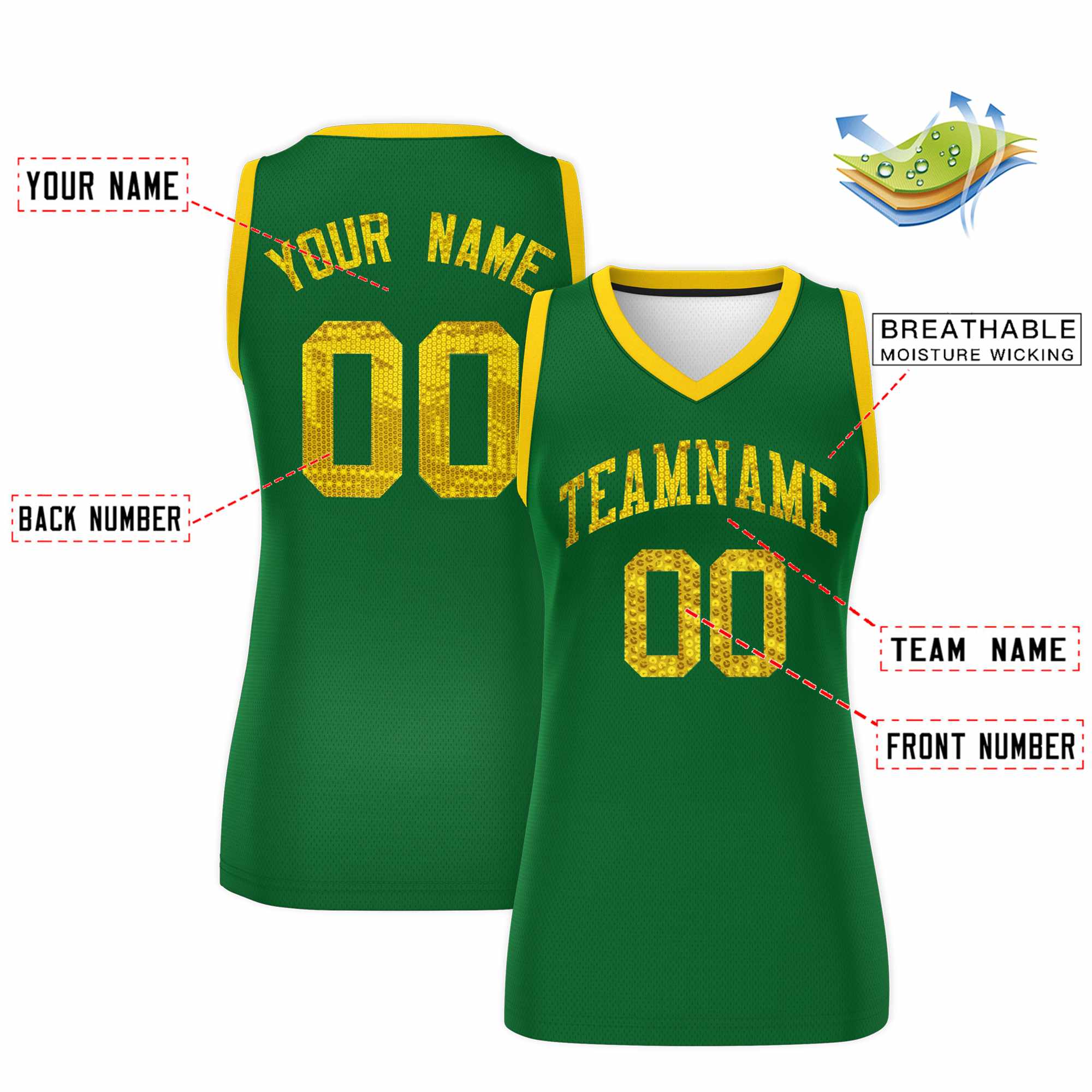 Custom Kelly Green Gold Women Basketball Jersey Sequined Dress