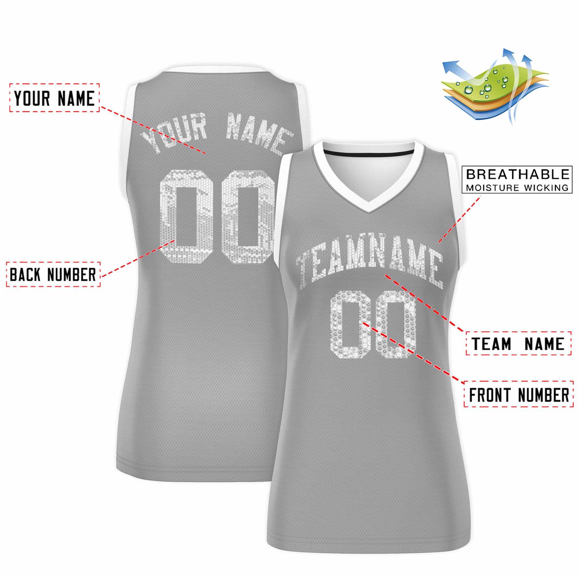 Custom Silver White Women Basketball Jersey Sequined Dress