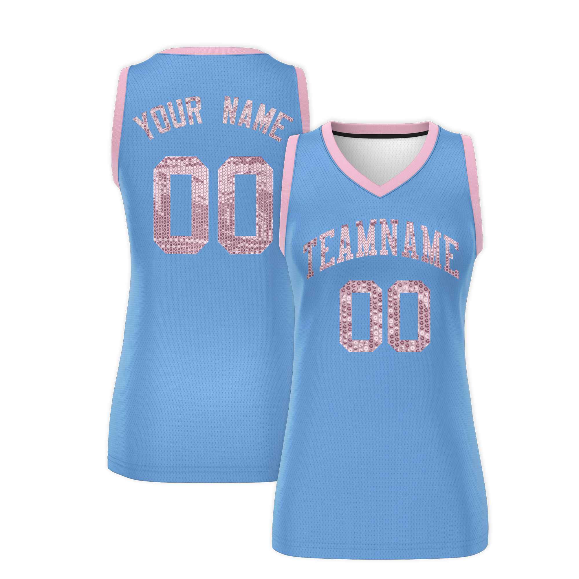 Custom Light Blue Light Pink Women Basketball Jersey Sequined Dress