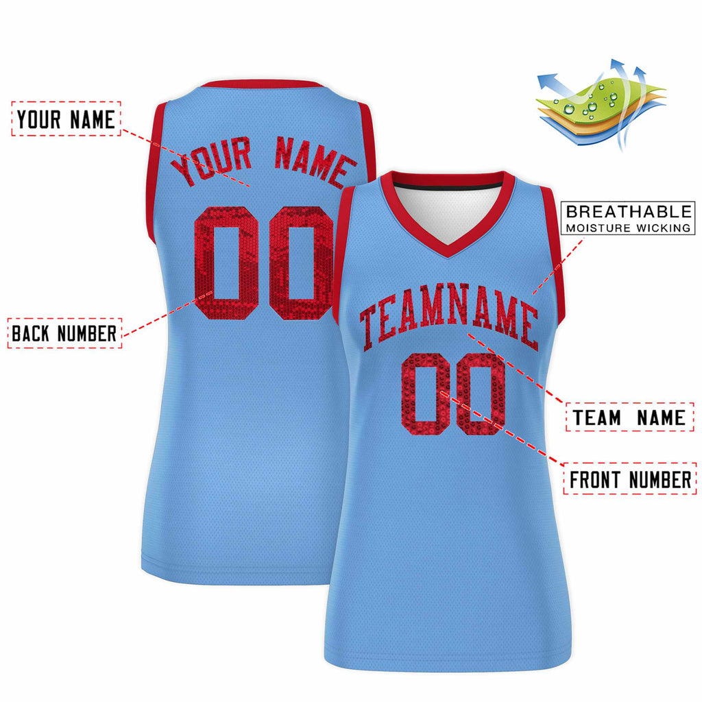 Custom Light Blue Red Women Basketball Jersey Sequined Dress