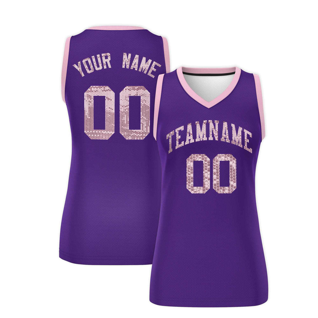 Custom Purple Light Pink Women Basketball Jersey Sequined Dress