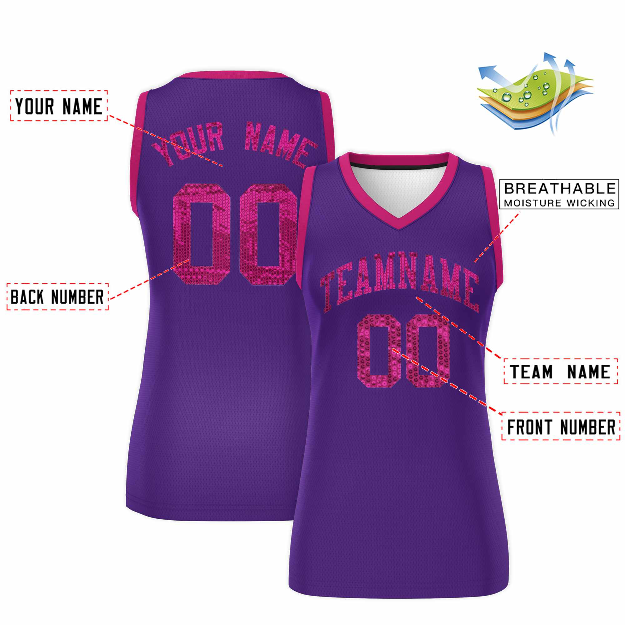 Custom Purple Pink Women Basketball Jersey Sequined Dress