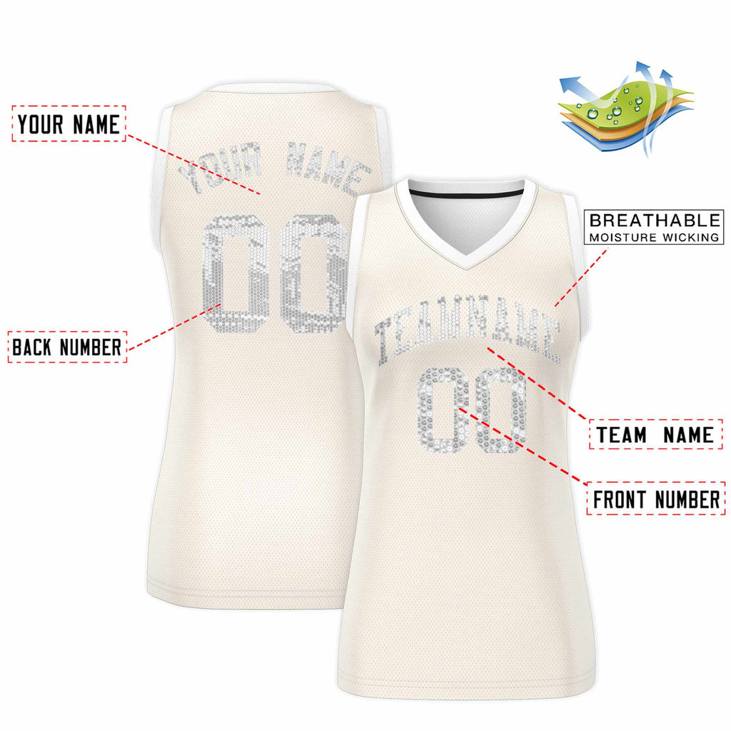 Custom Cream White Women Basketball Jersey Sequined Dress