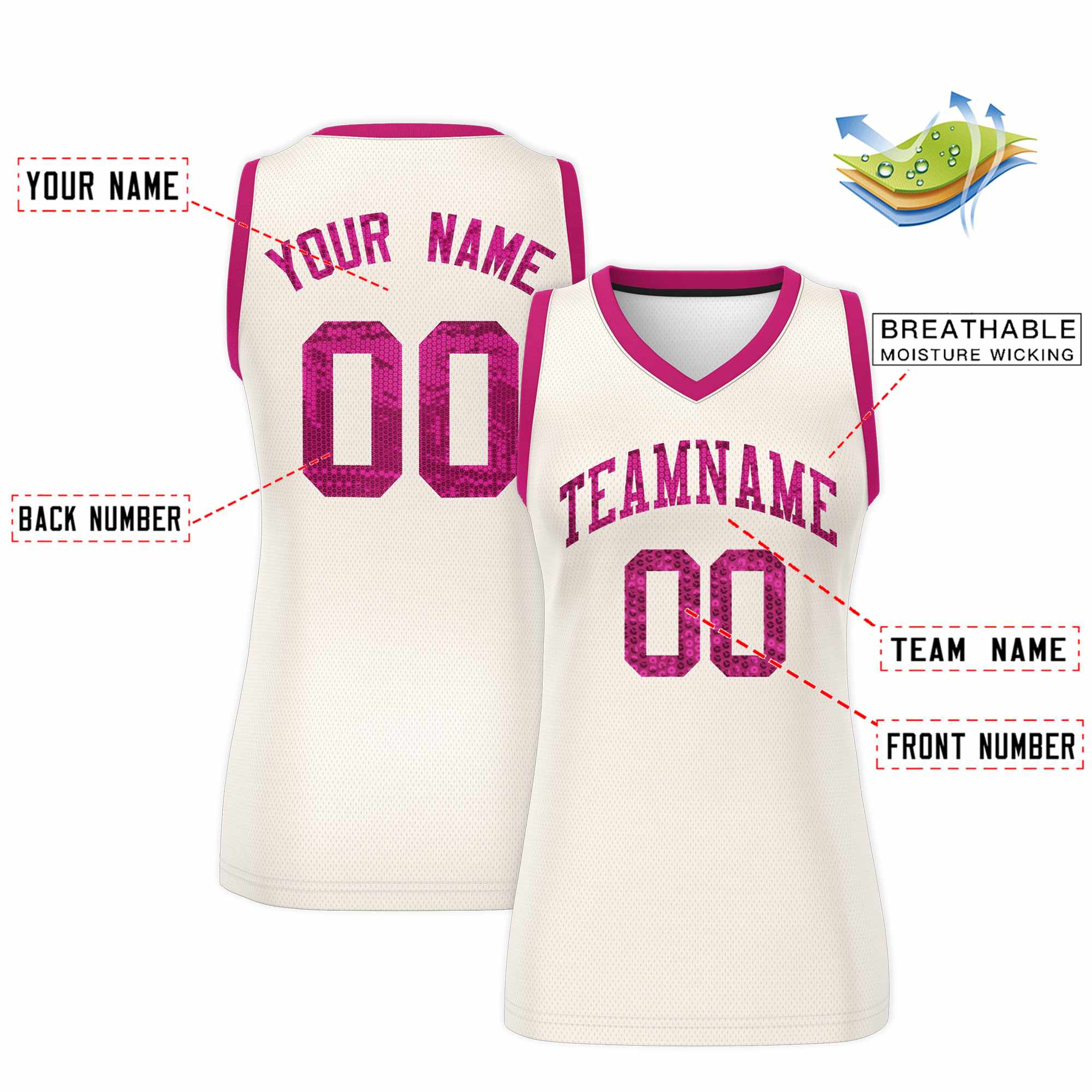 Custom Cream Pink Women Basketball Jersey Sequined Dress