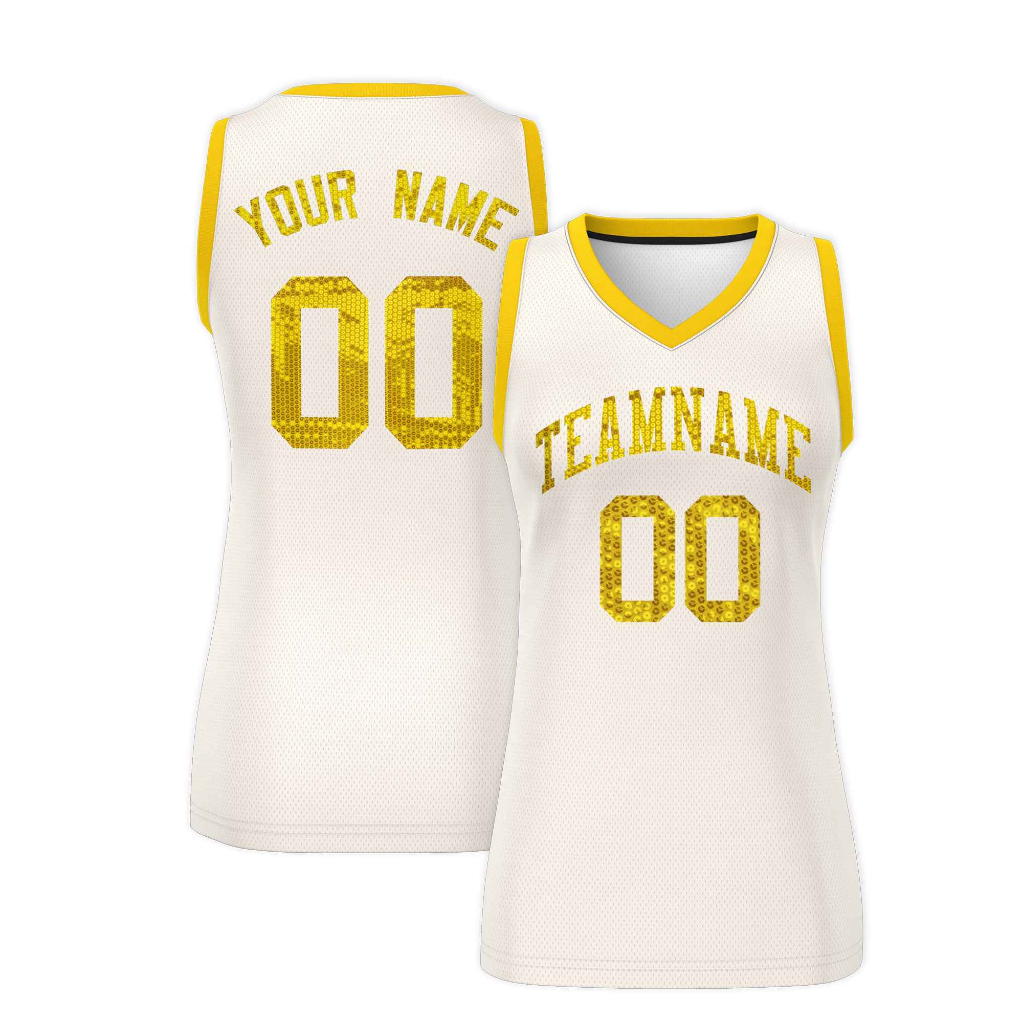 Custom Cream Gold Women Basketball Jersey Sequined Dress