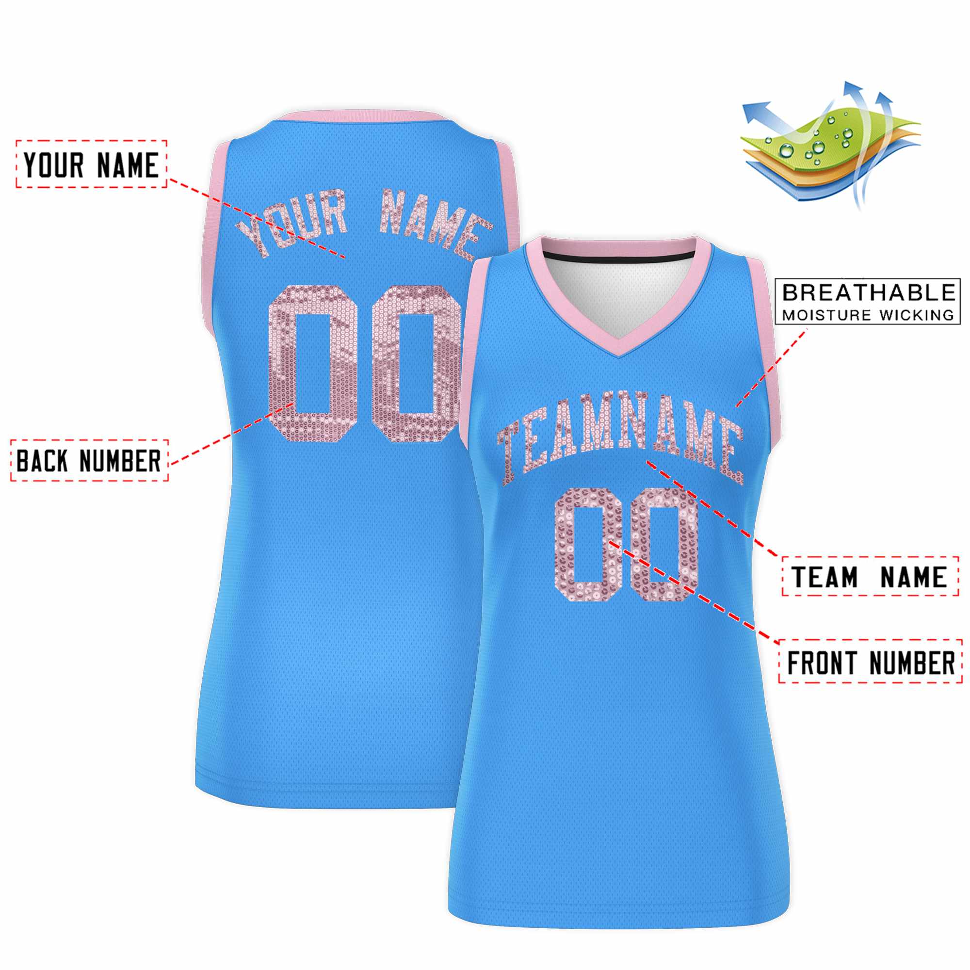 Custom Powder Blue Light Pink Women Basketball Jersey Sequined Dress