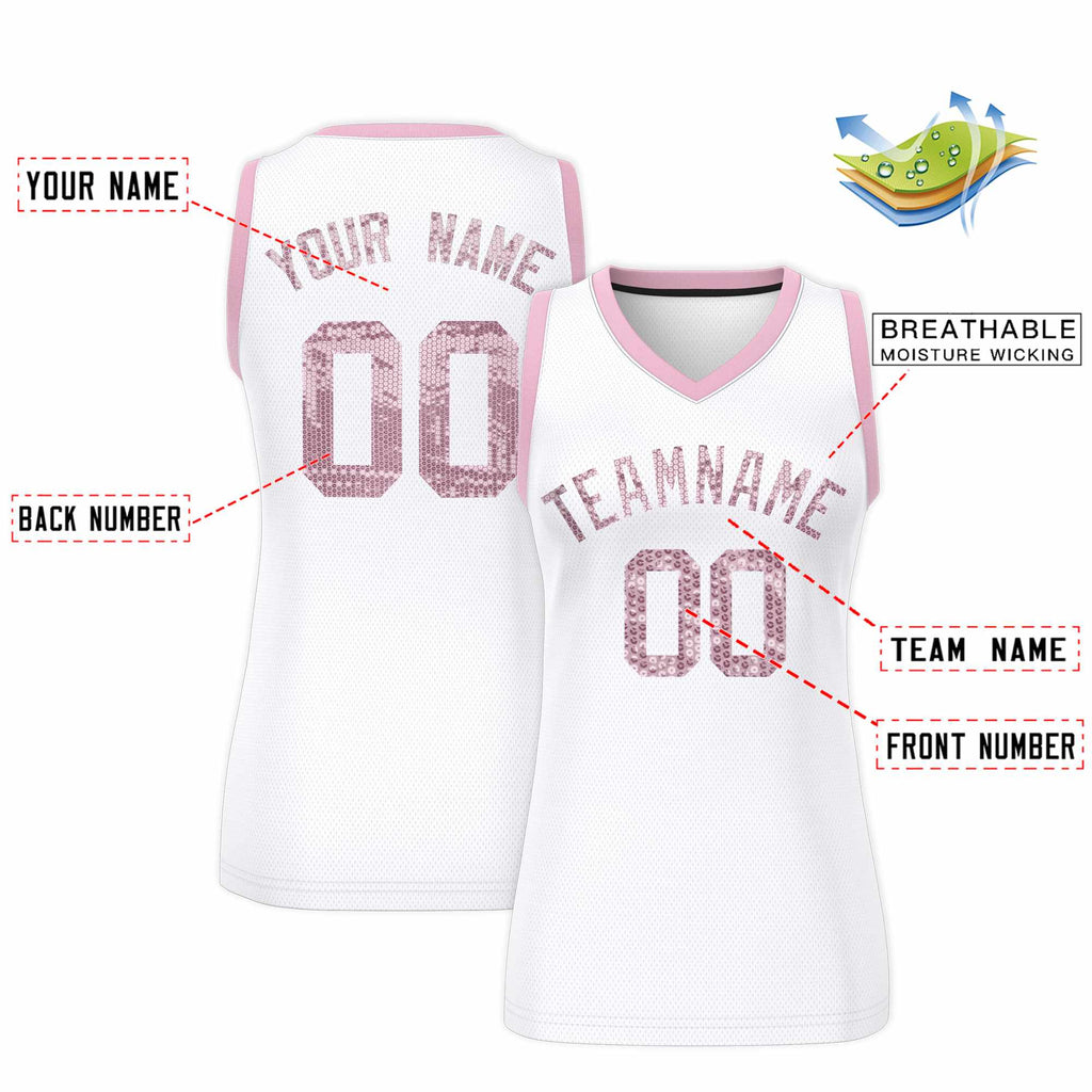 Custom White Light Pink Women Basketball Jersey Sequined Dress