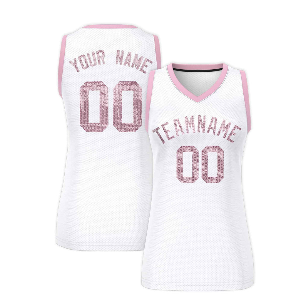 Custom White Light Pink Women Basketball Jersey Sequined Dress