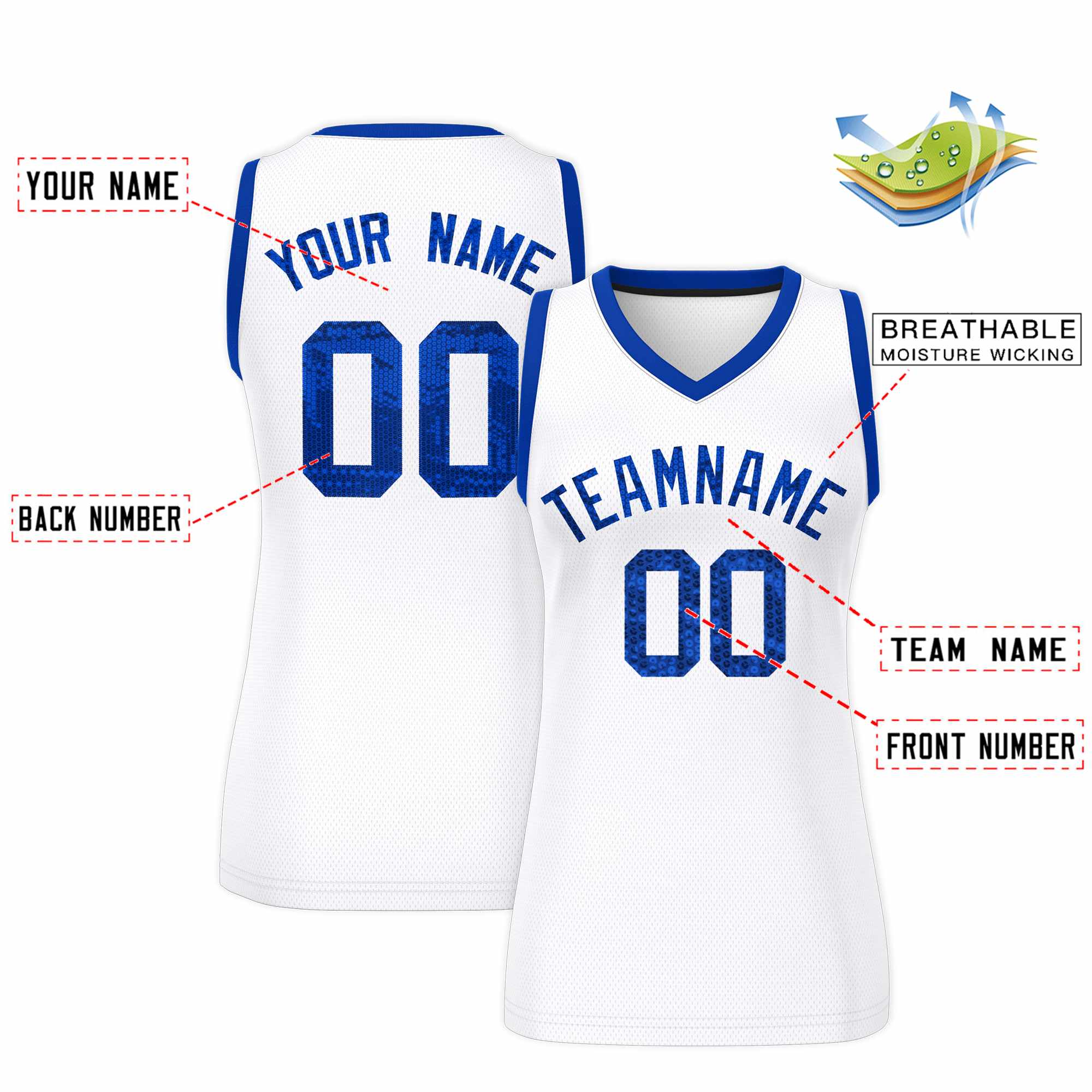 Custom White Royal Women Basketball Jersey Sequined Dress