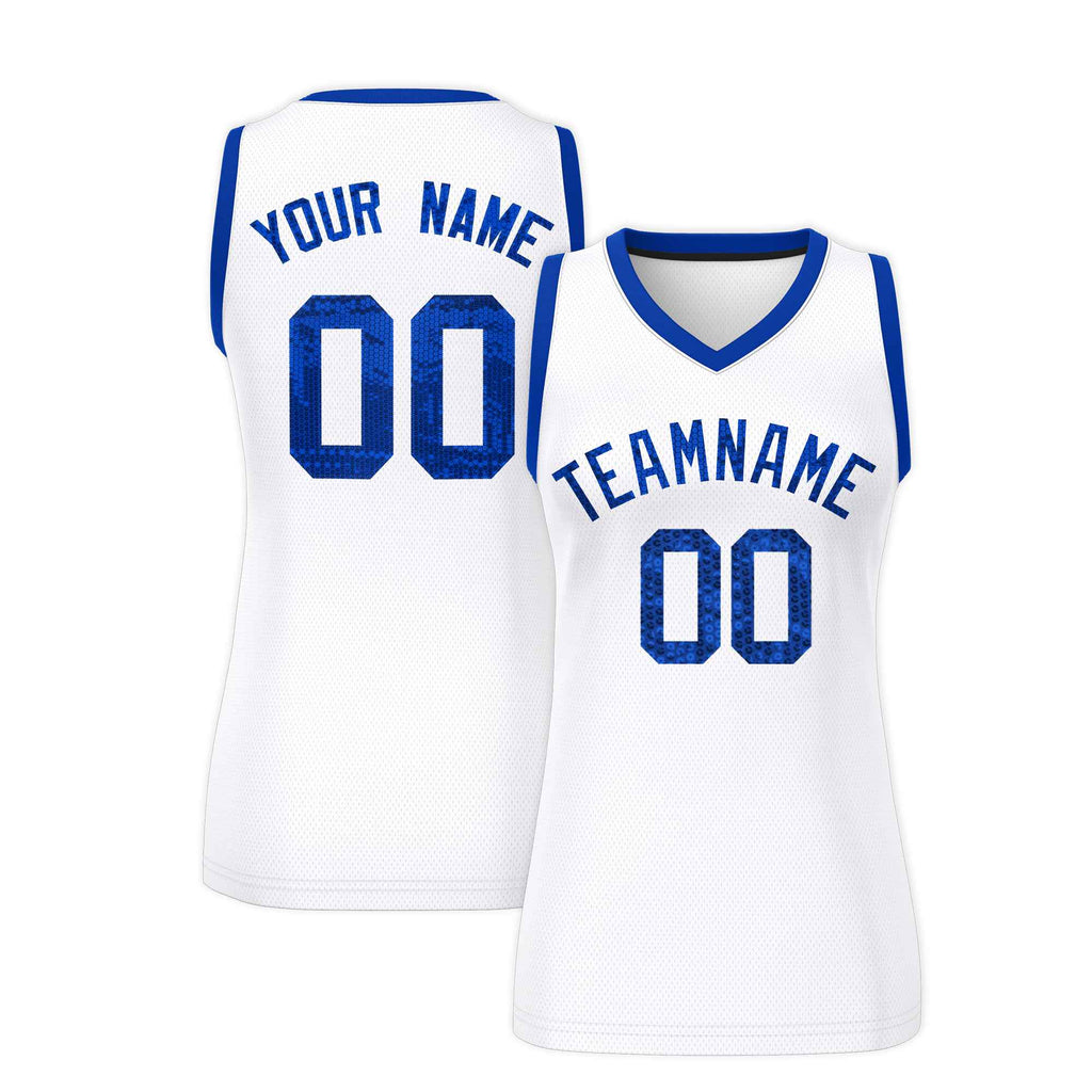 Custom White Royal Women Basketball Jersey Sequined Dress