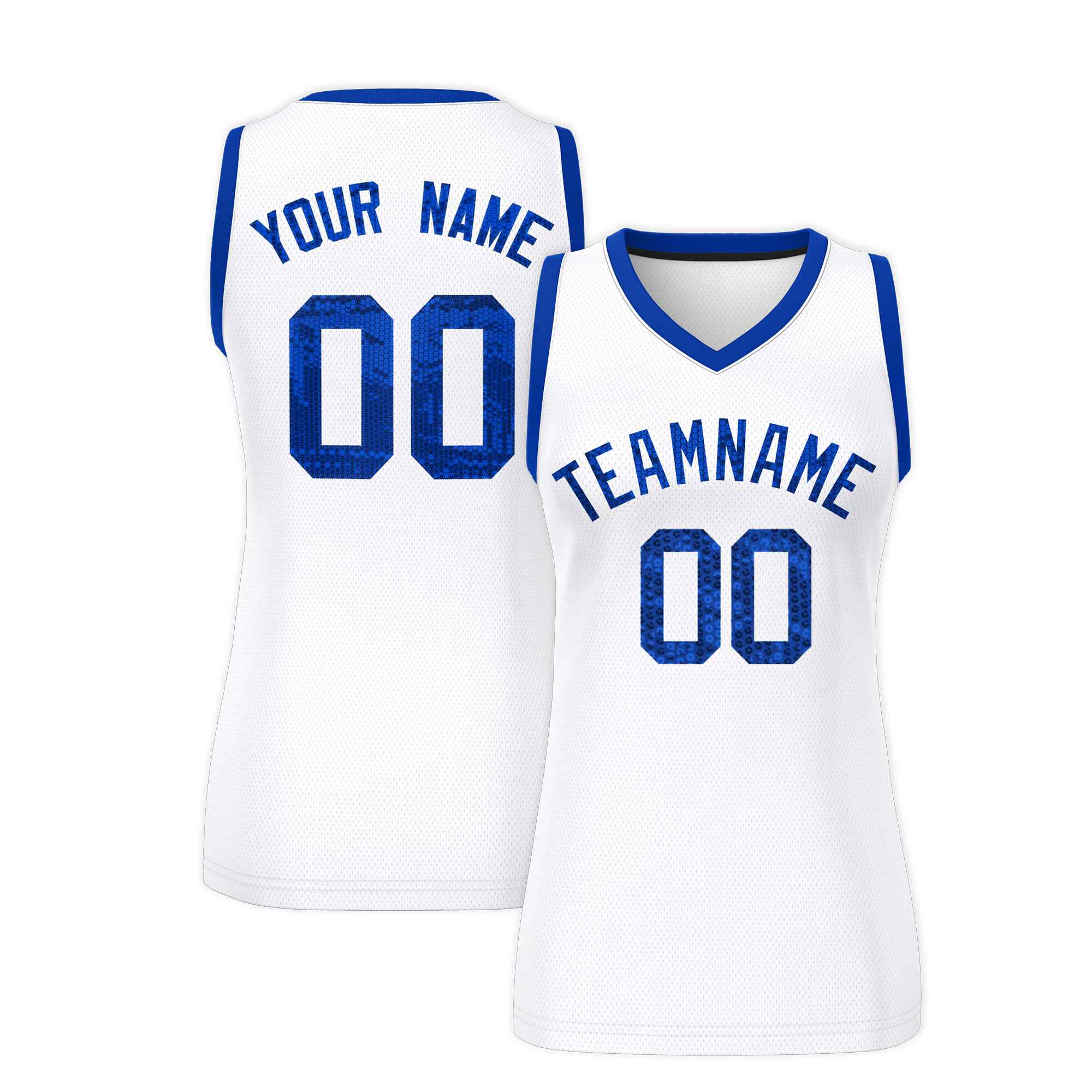 Custom White Royal Women Basketball Jersey Sequined Dress