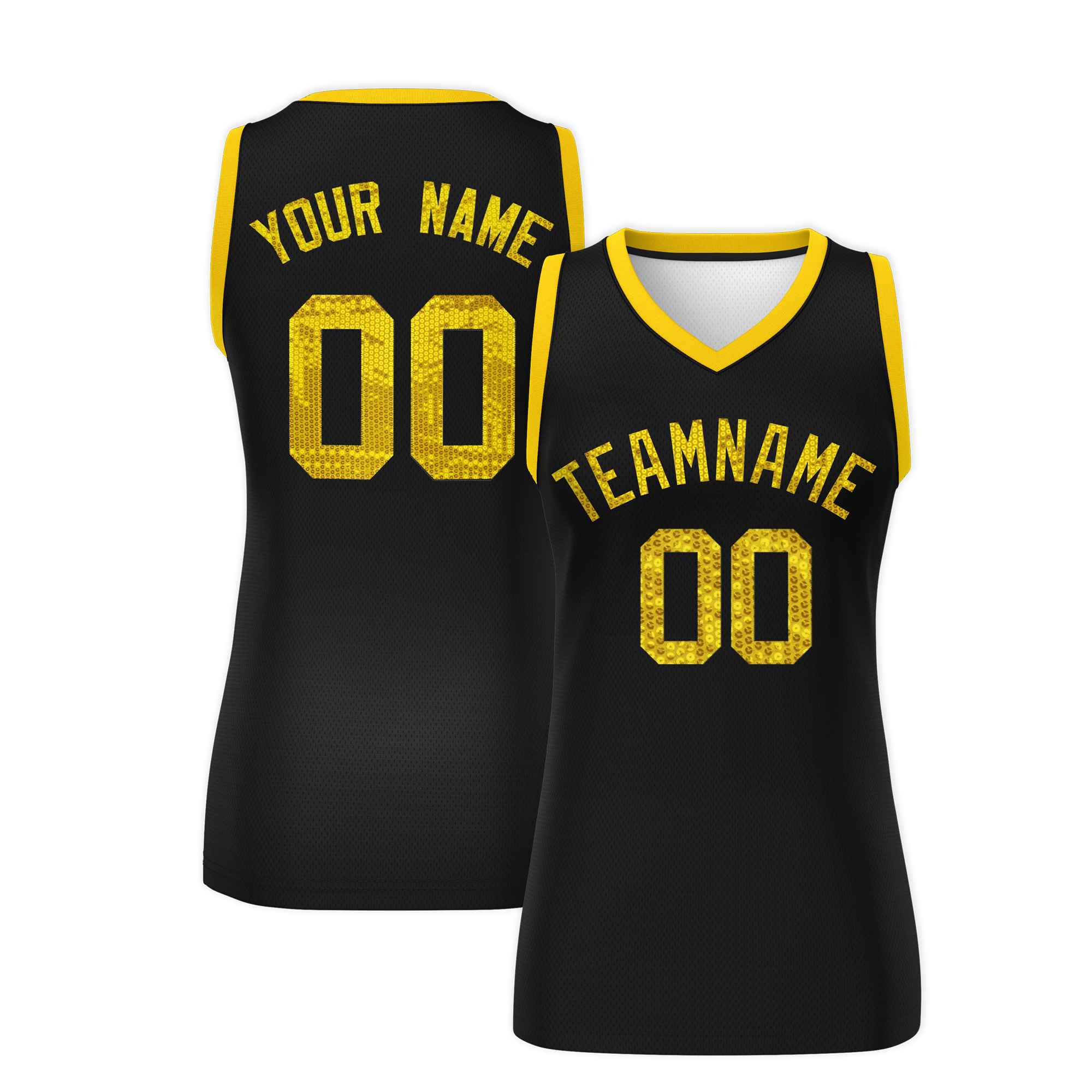 Custom Black Gold Women Basketball Jersey Sequined Dress