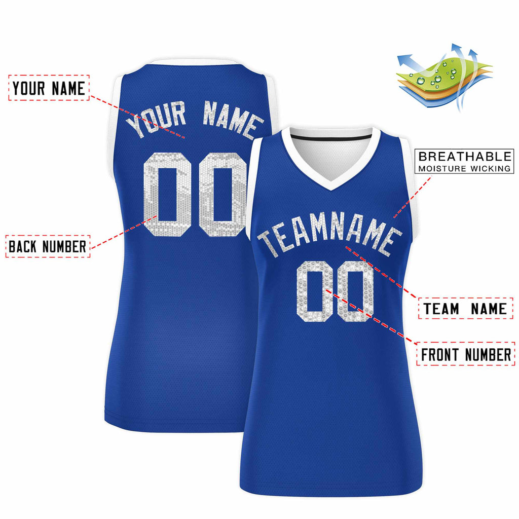 Custom Royal White Women Basketball Jersey Sequined Dress