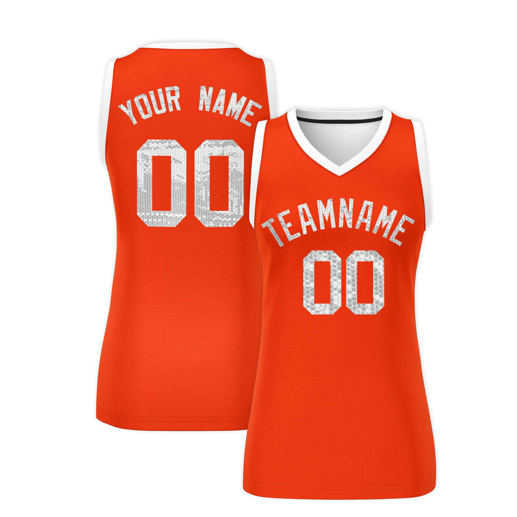 Custom Orange White Women Basketball Jersey Sequined Dress