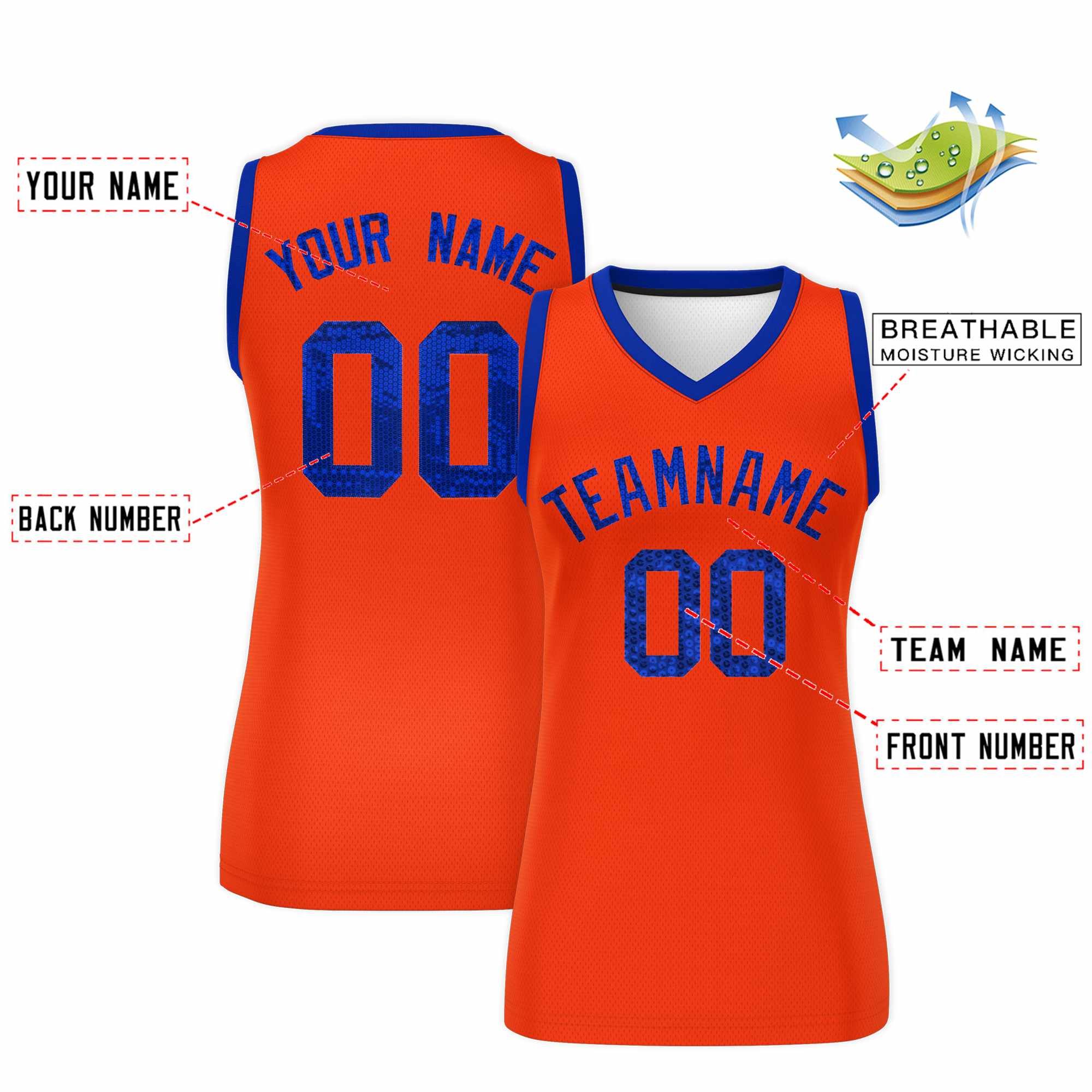 Custom Orange Royal Women Basketball Jersey Sequined Dress