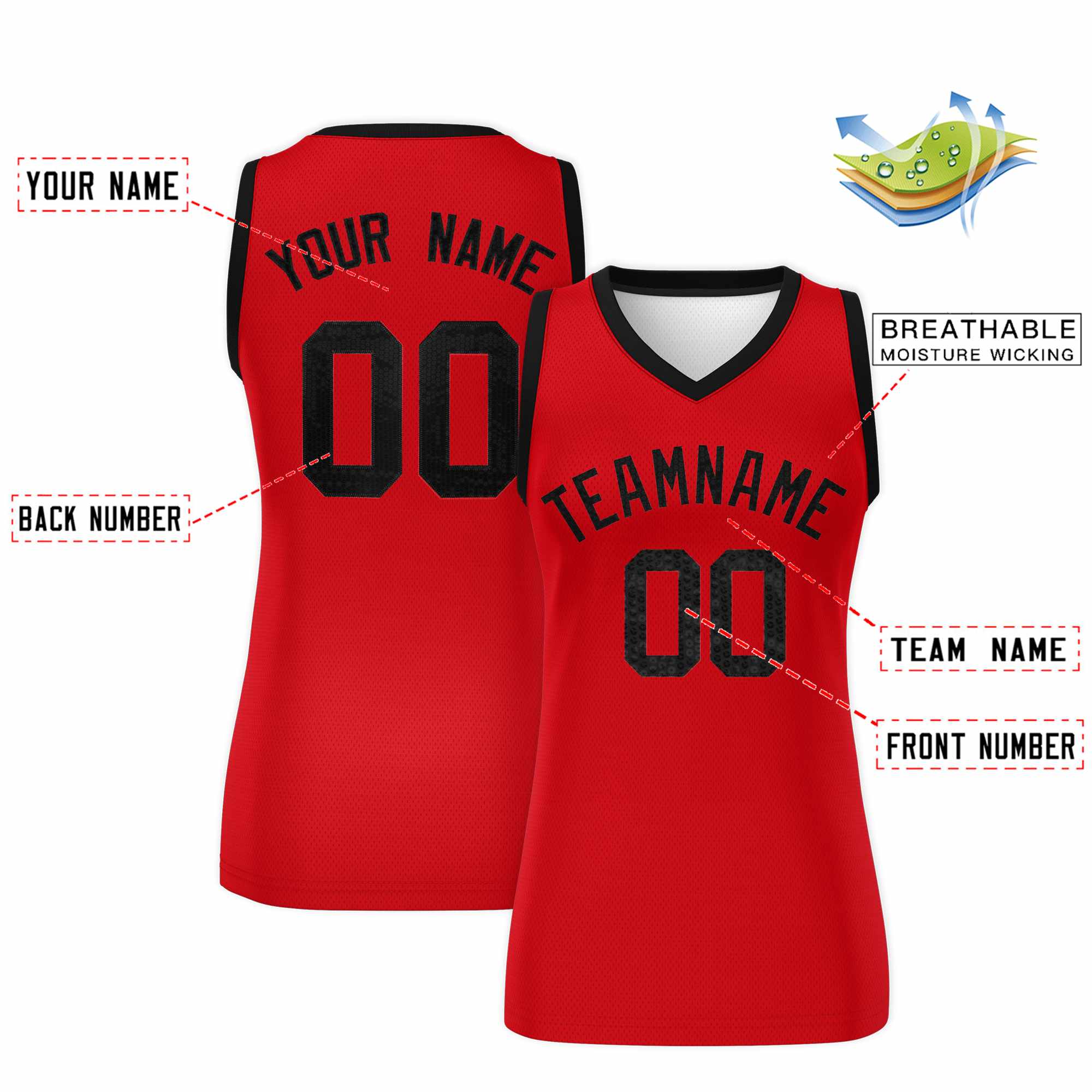 Custom Red Black Women Basketball Jersey Sequined Dress