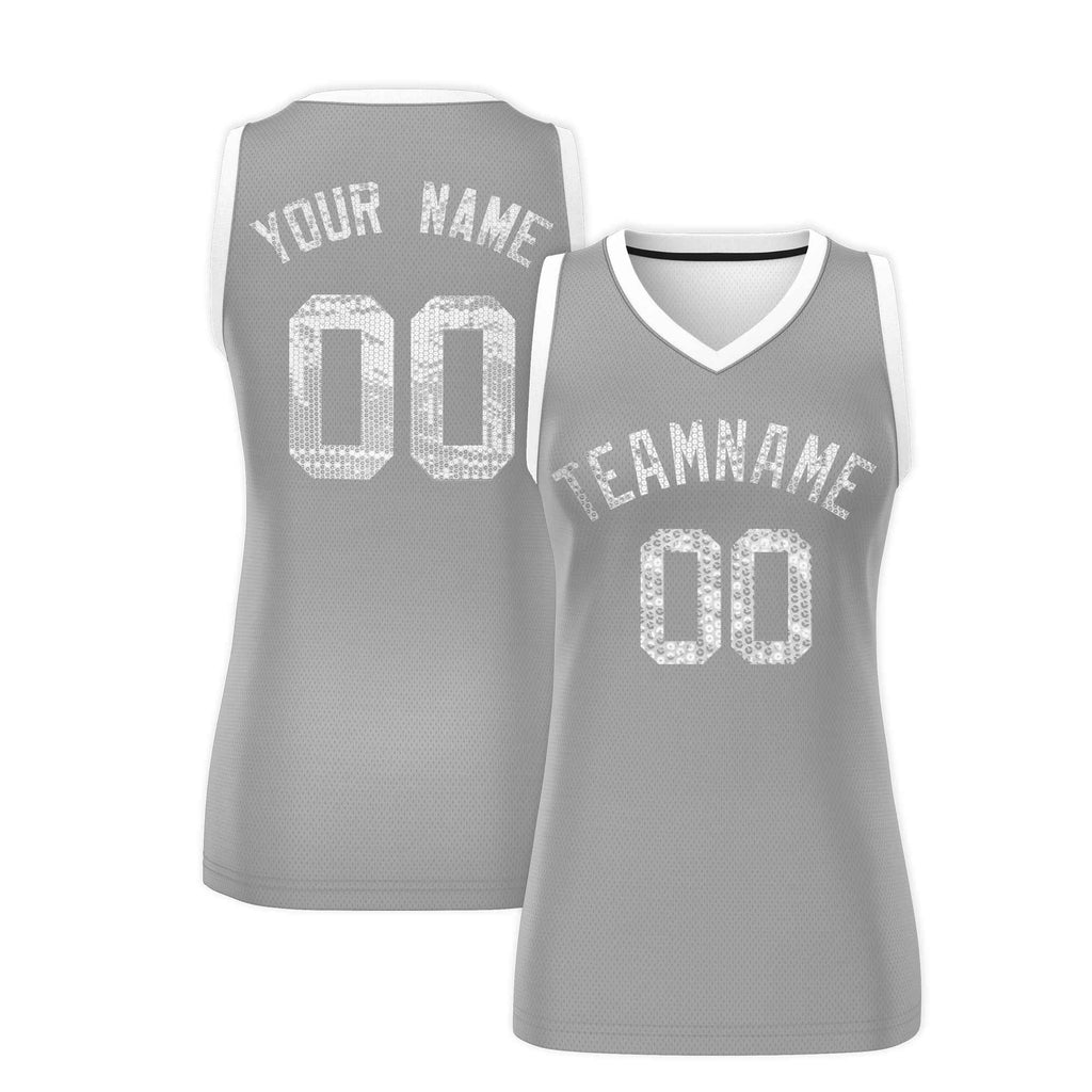 Custom Silver White Women Basketball Jersey Sequined Dress