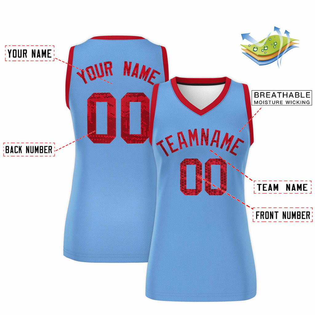 Custom Light Blue Red Women Basketball Jersey Sequined Dress