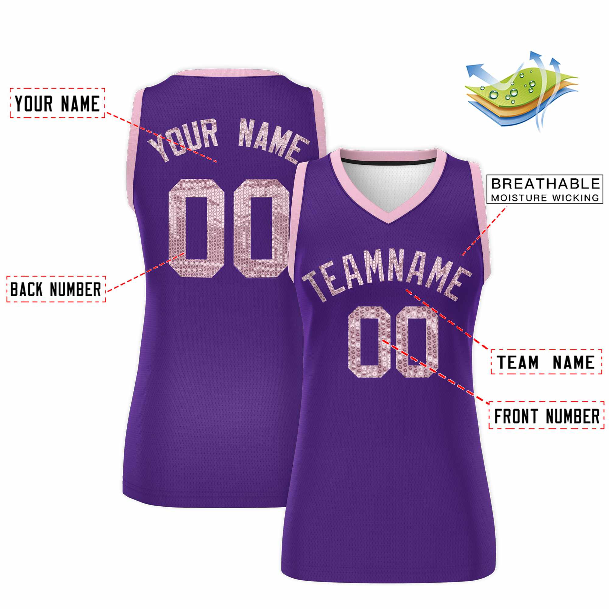 Custom Purple Light Pink Women Basketball Jersey Sequined Dress