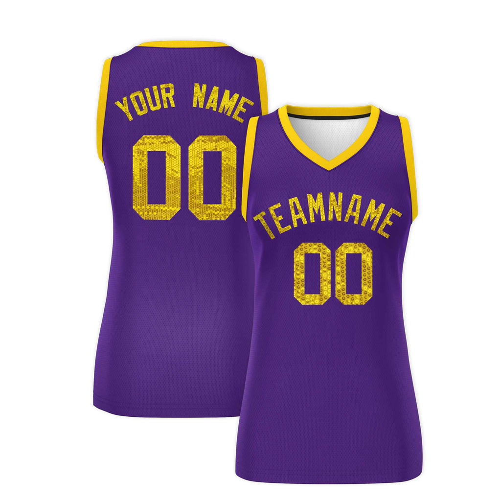 Custom Purple Gold Women Basketball Jersey Sequined Dress