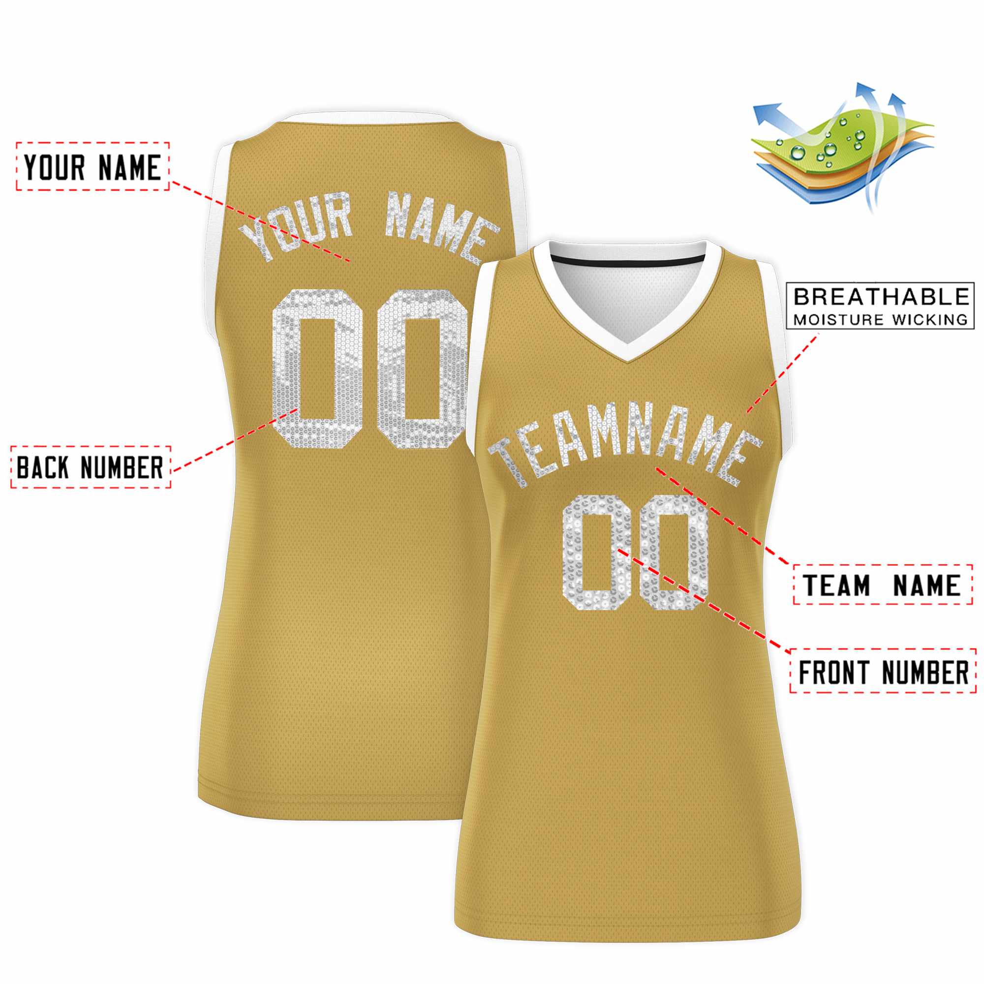 Custom Old Gold White Women Basketball Jersey Sequined Dress
