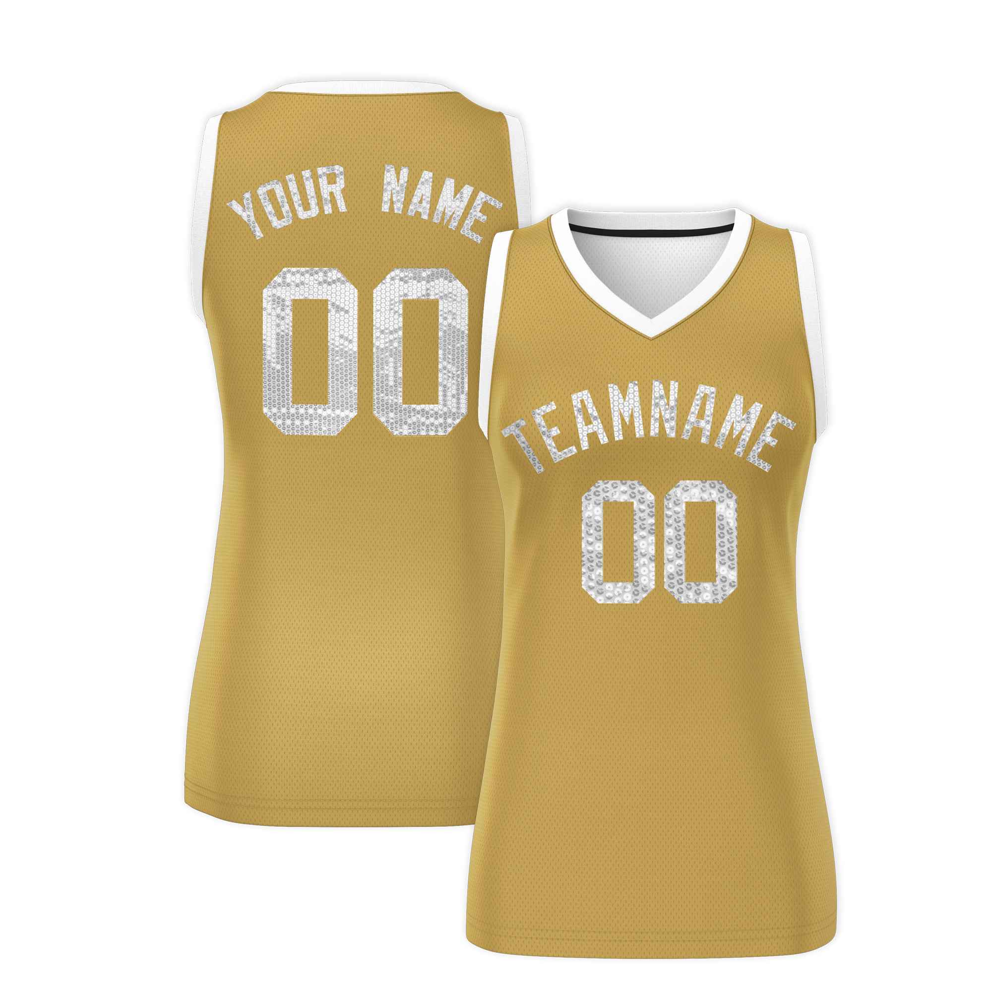 Custom Old Gold White Women Basketball Jersey Sequined Dress