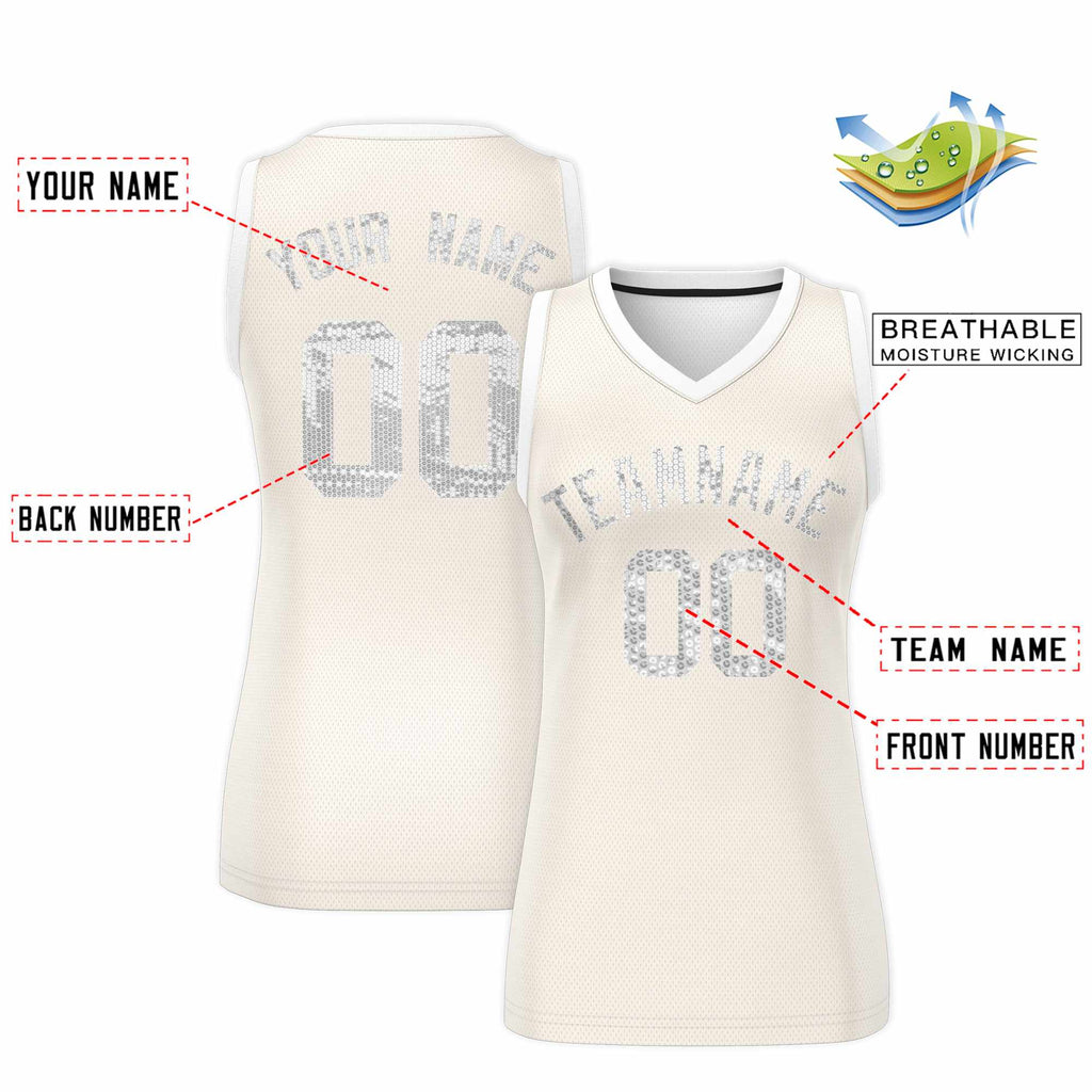 Custom Cream White Women Basketball Jersey Sequined Dress
