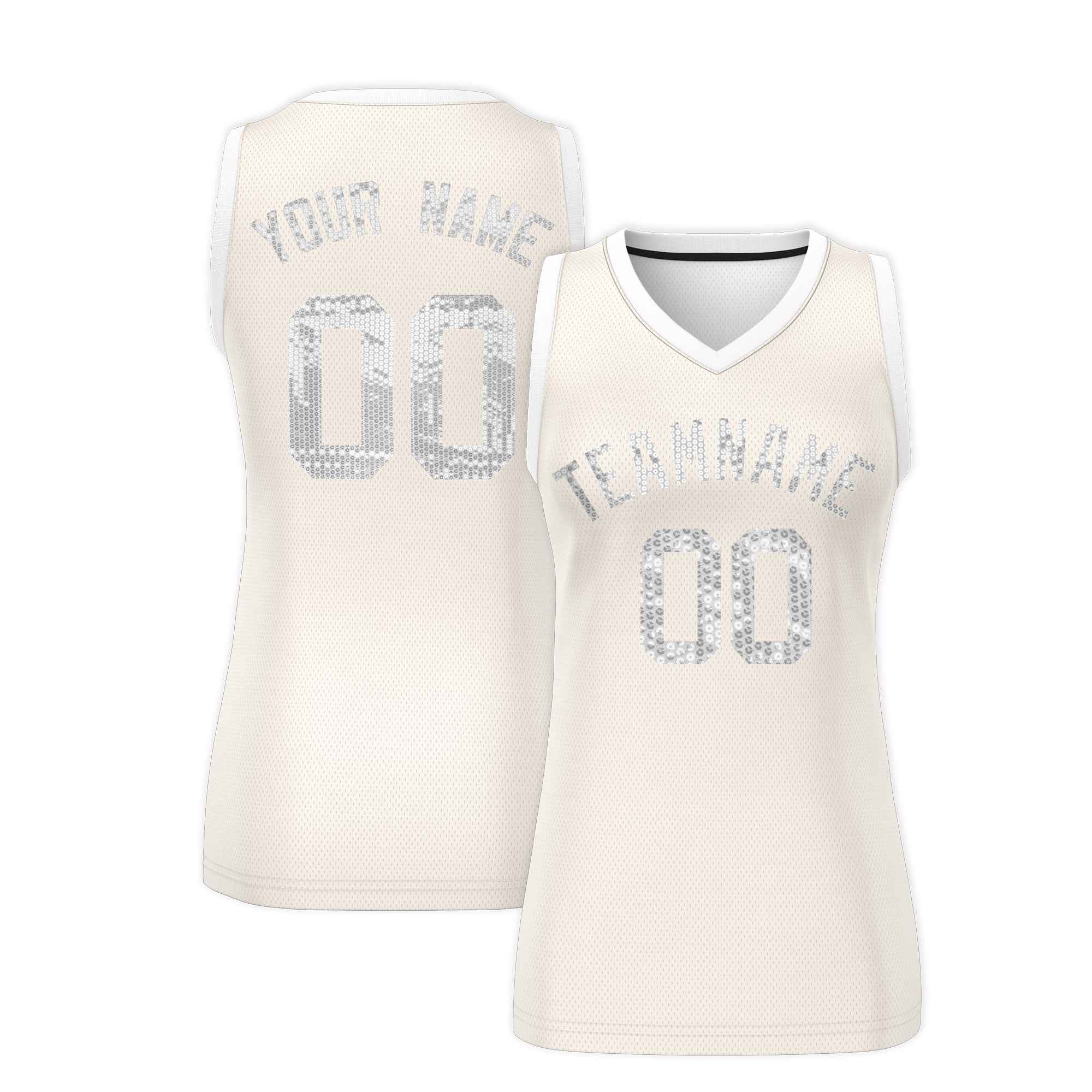 Custom Cream White Women Basketball Jersey Sequined Dress