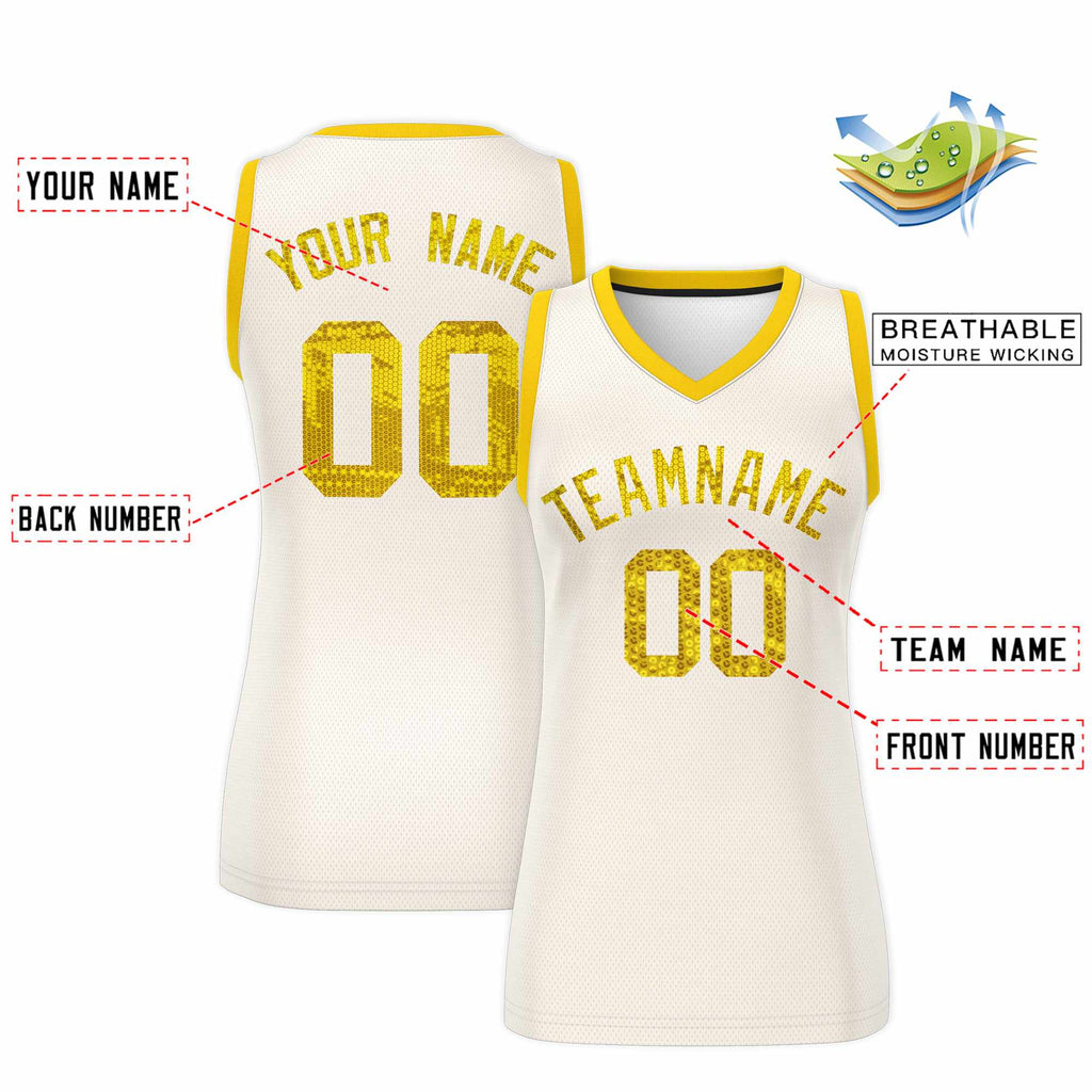 Custom Cream Gold Women Basketball Jersey Sequined Dress