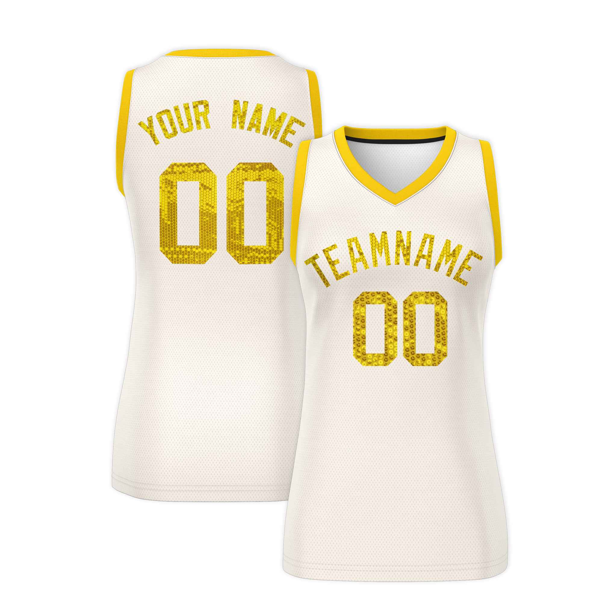 Custom Cream Gold Women Basketball Jersey Sequined Dress