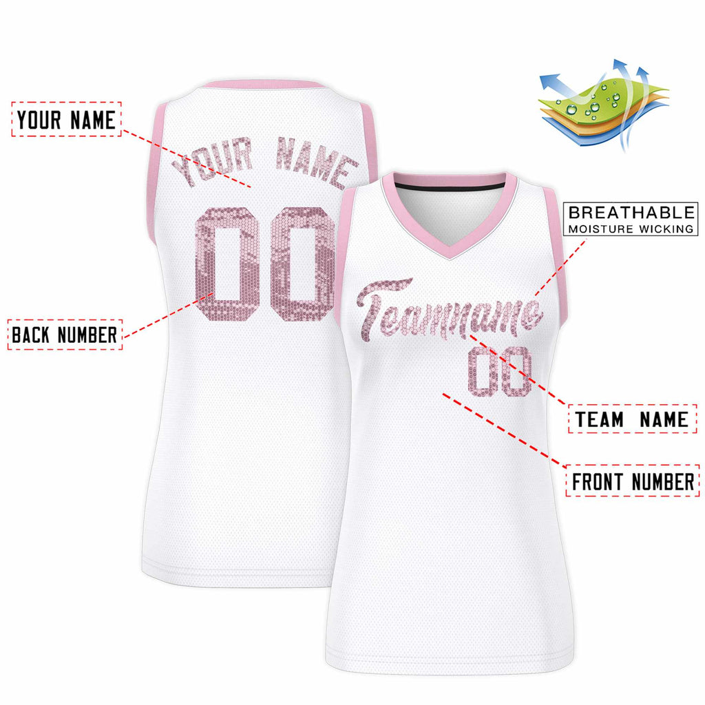 Custom White Light Pink Women Basketball Jersey Sequined Dress