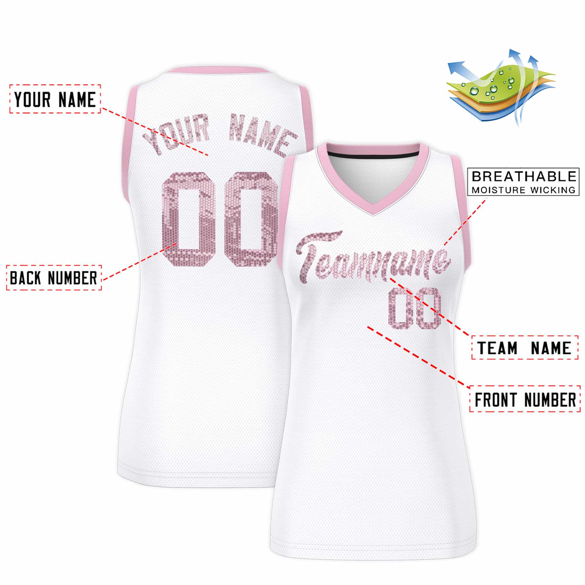 Custom White Light Pink Women Basketball Jersey Sequined Dress