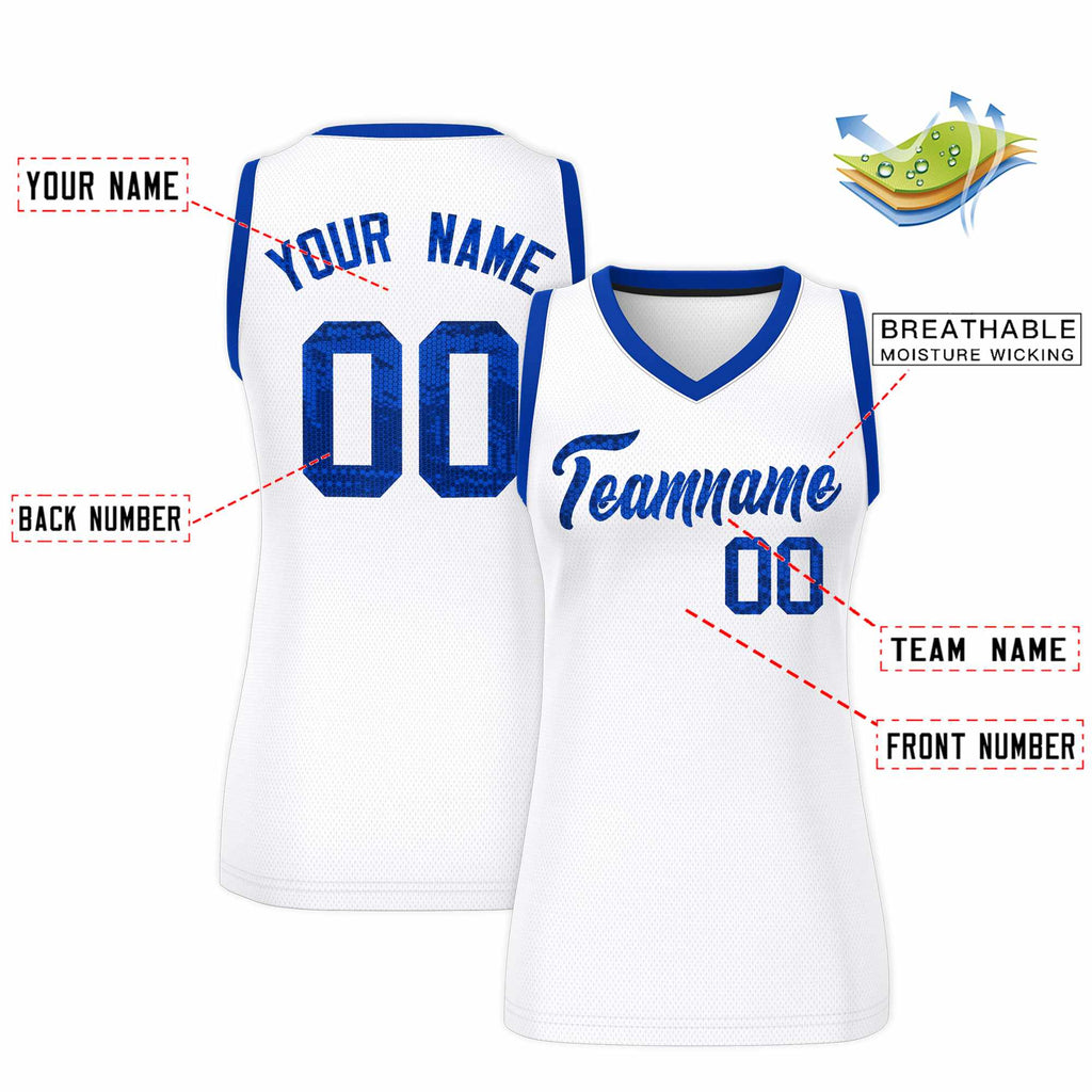 Custom White Royal Women Basketball Jersey Sequined Dress