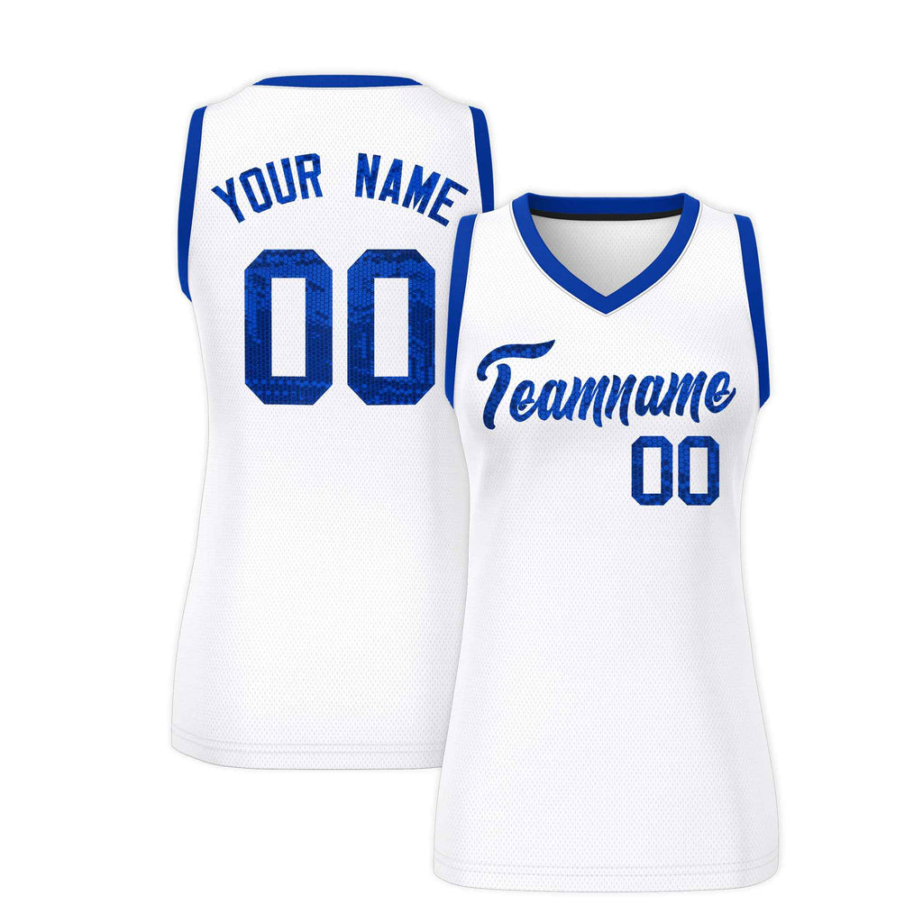 Custom White Royal Women Basketball Jersey Sequined Dress