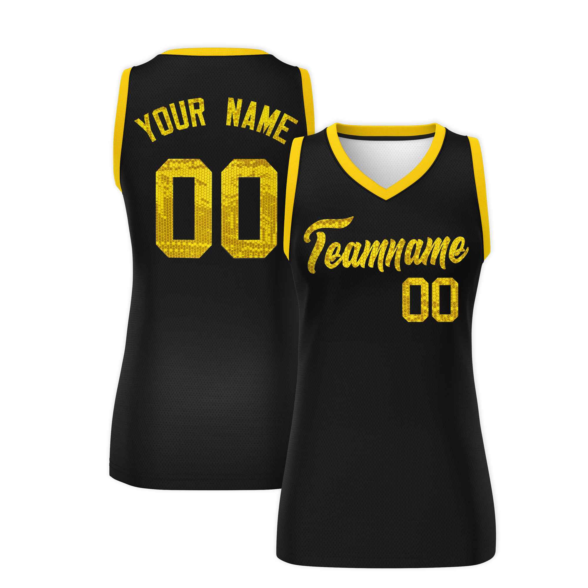 Custom Black Gold Women Basketball Jersey Sequined Dress