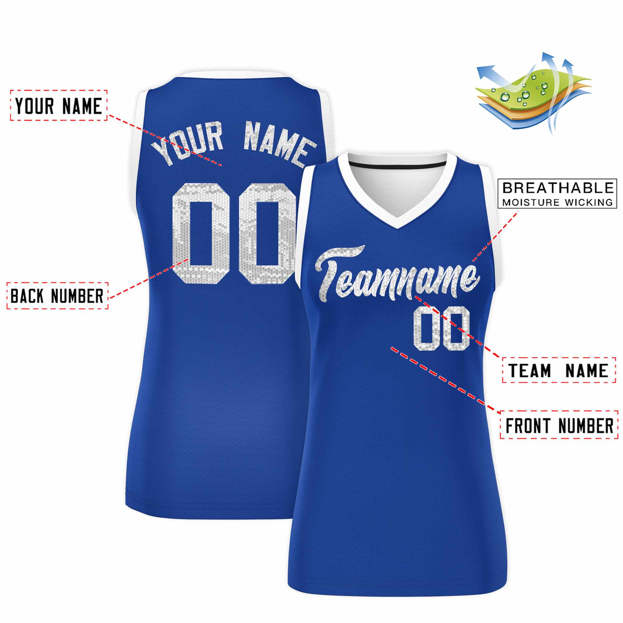 Custom Royal White Women Basketball Jersey Sequined Dress