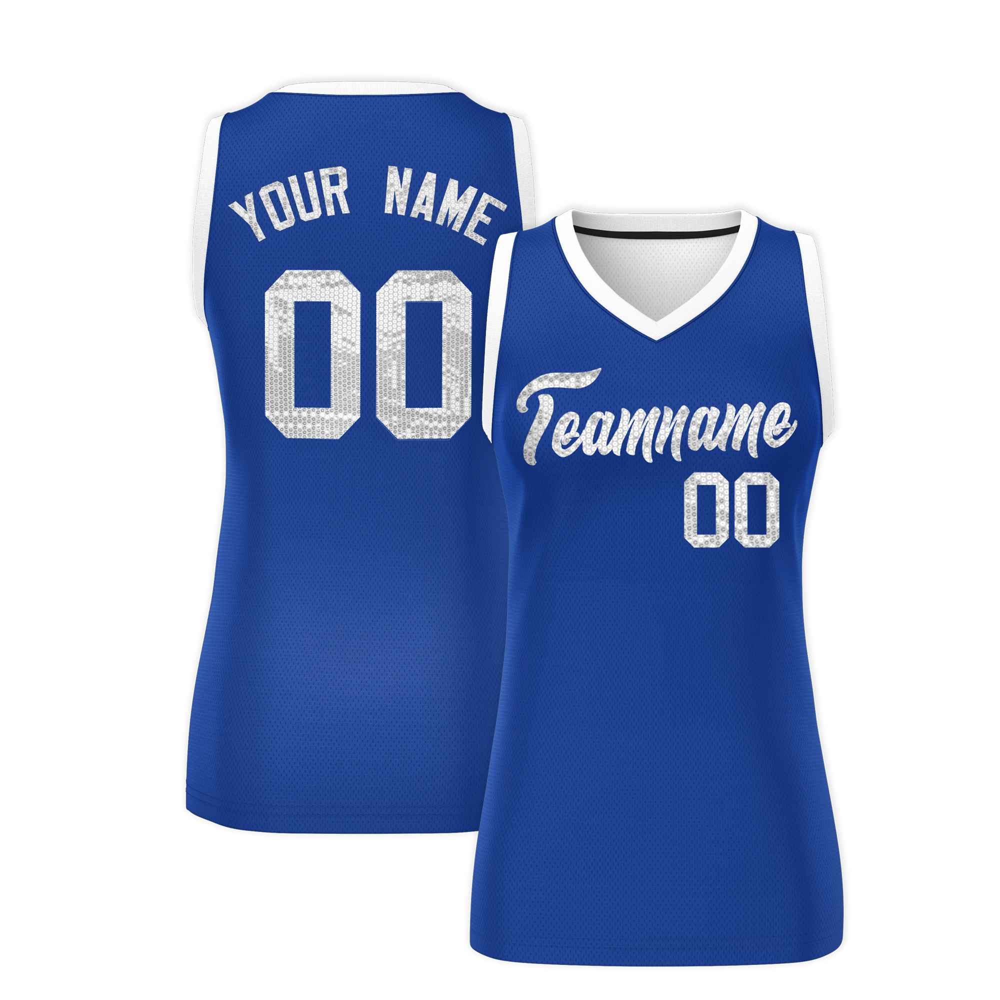 Custom Royal White Women Basketball Jersey Sequined Dress