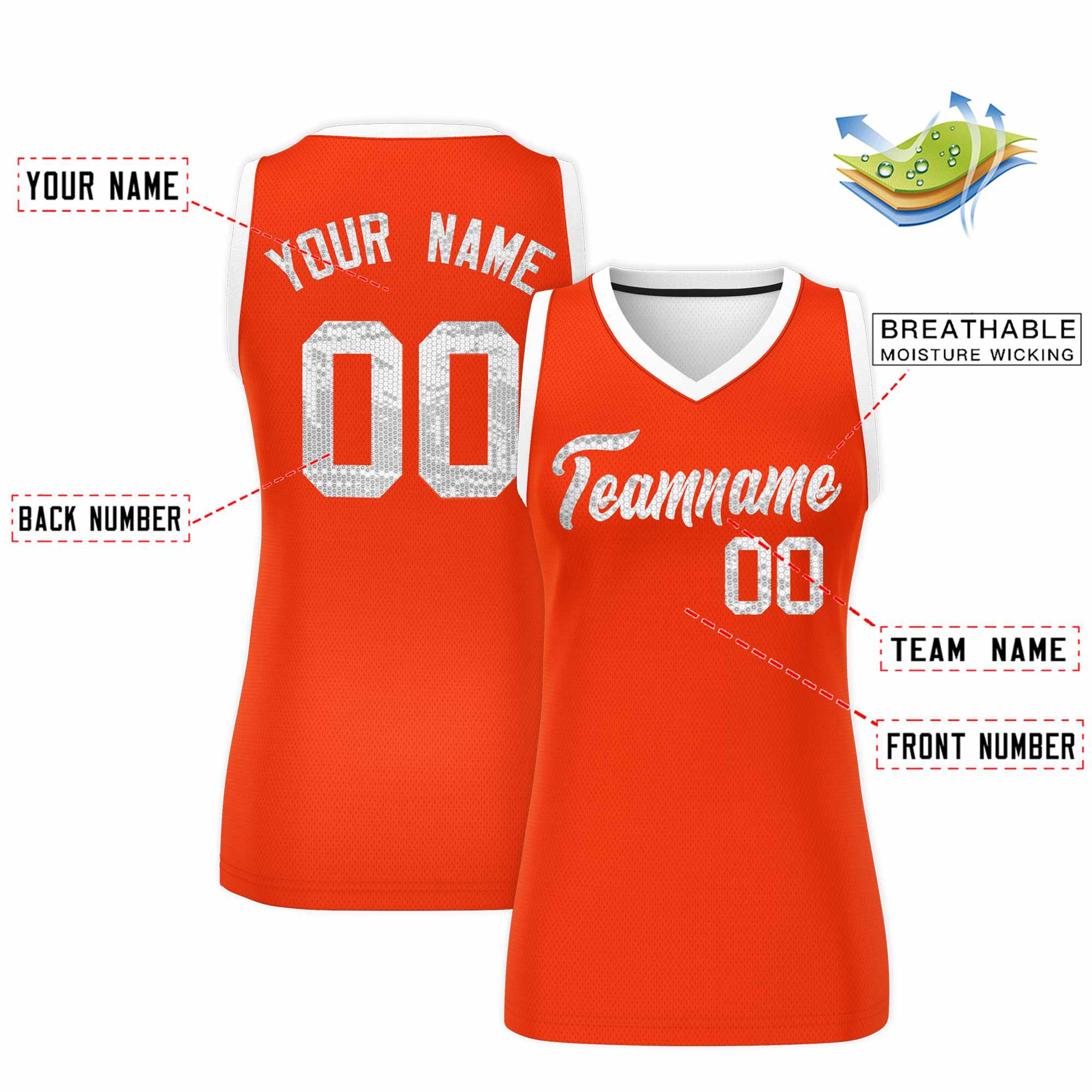 Custom Orange White Women Basketball Jersey Sequined Dress