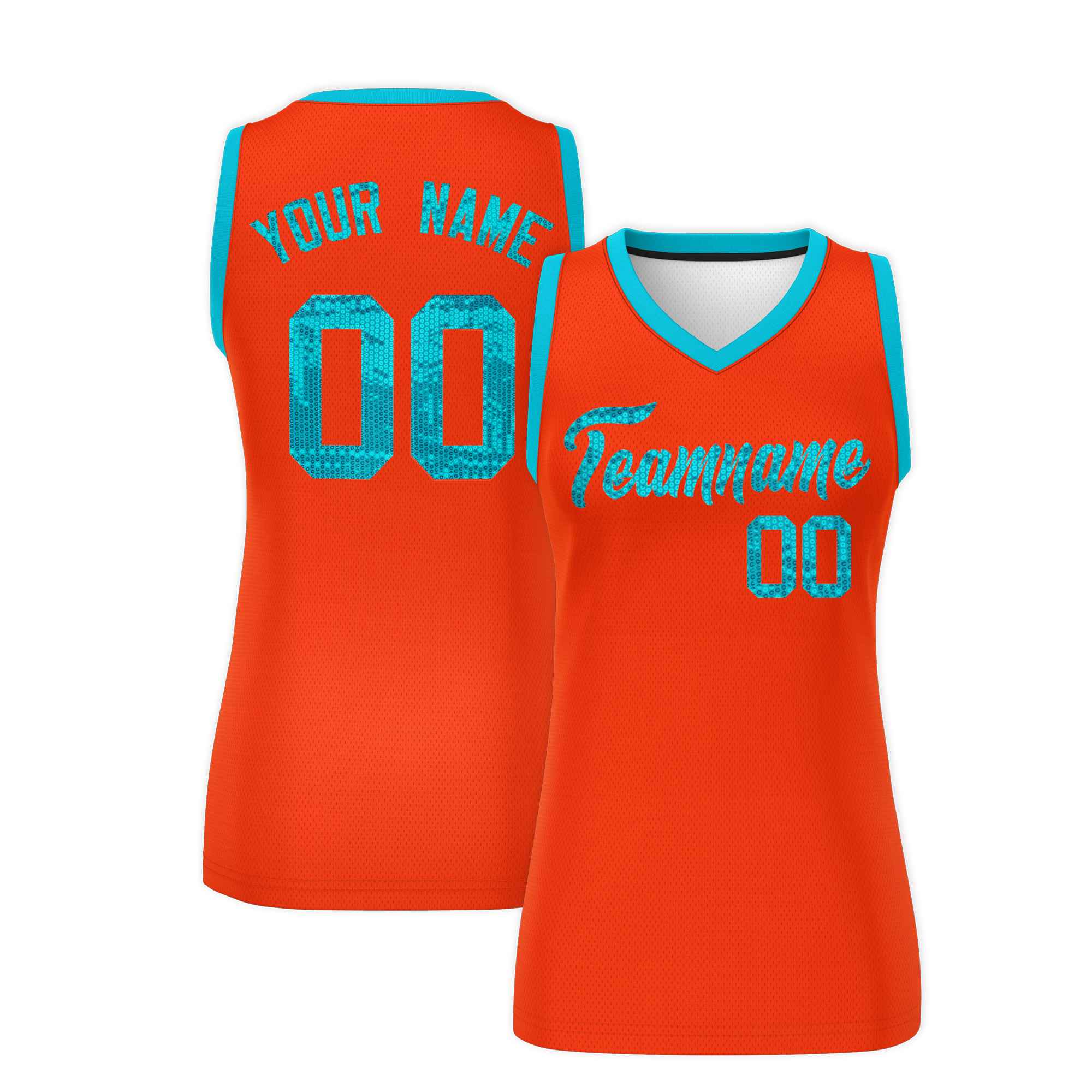 Custom Orange Sky Blue Women Basketball Jersey Sequined Dress