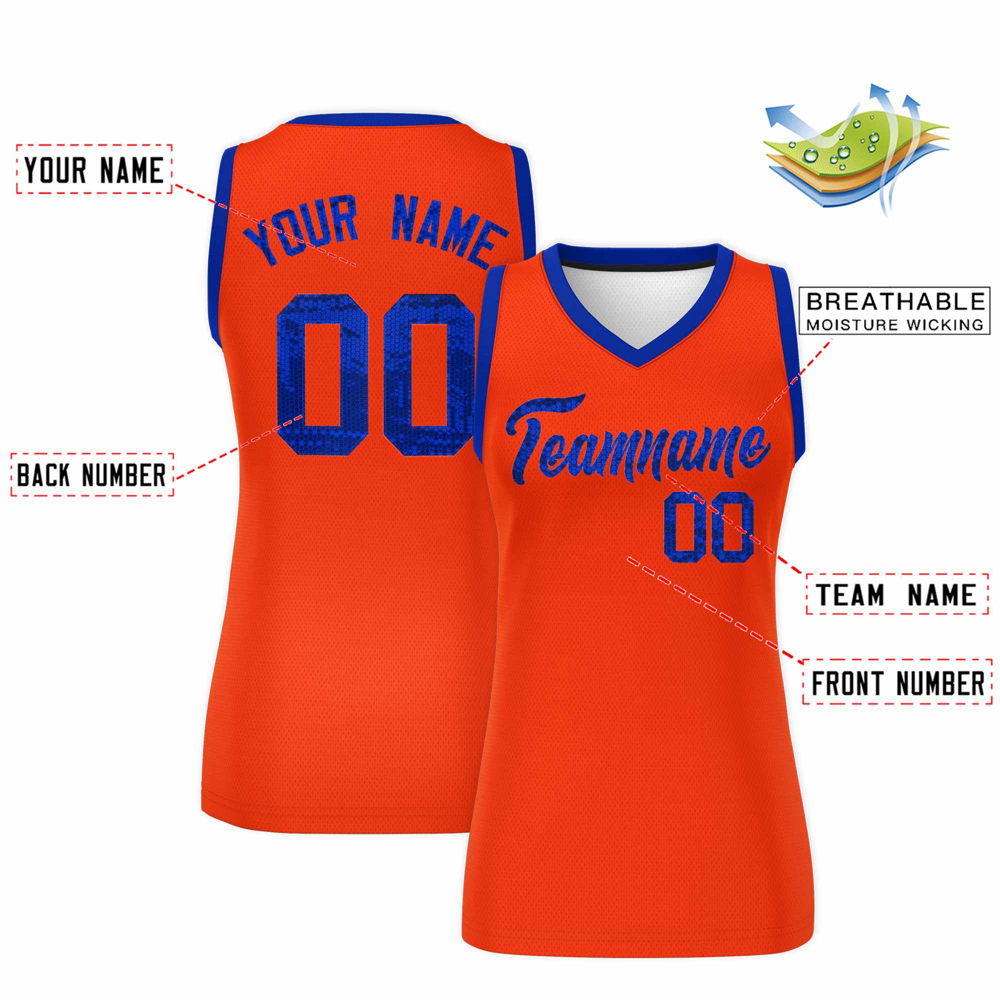 Custom Orange Royal Women Basketball Jersey Sequined Dress