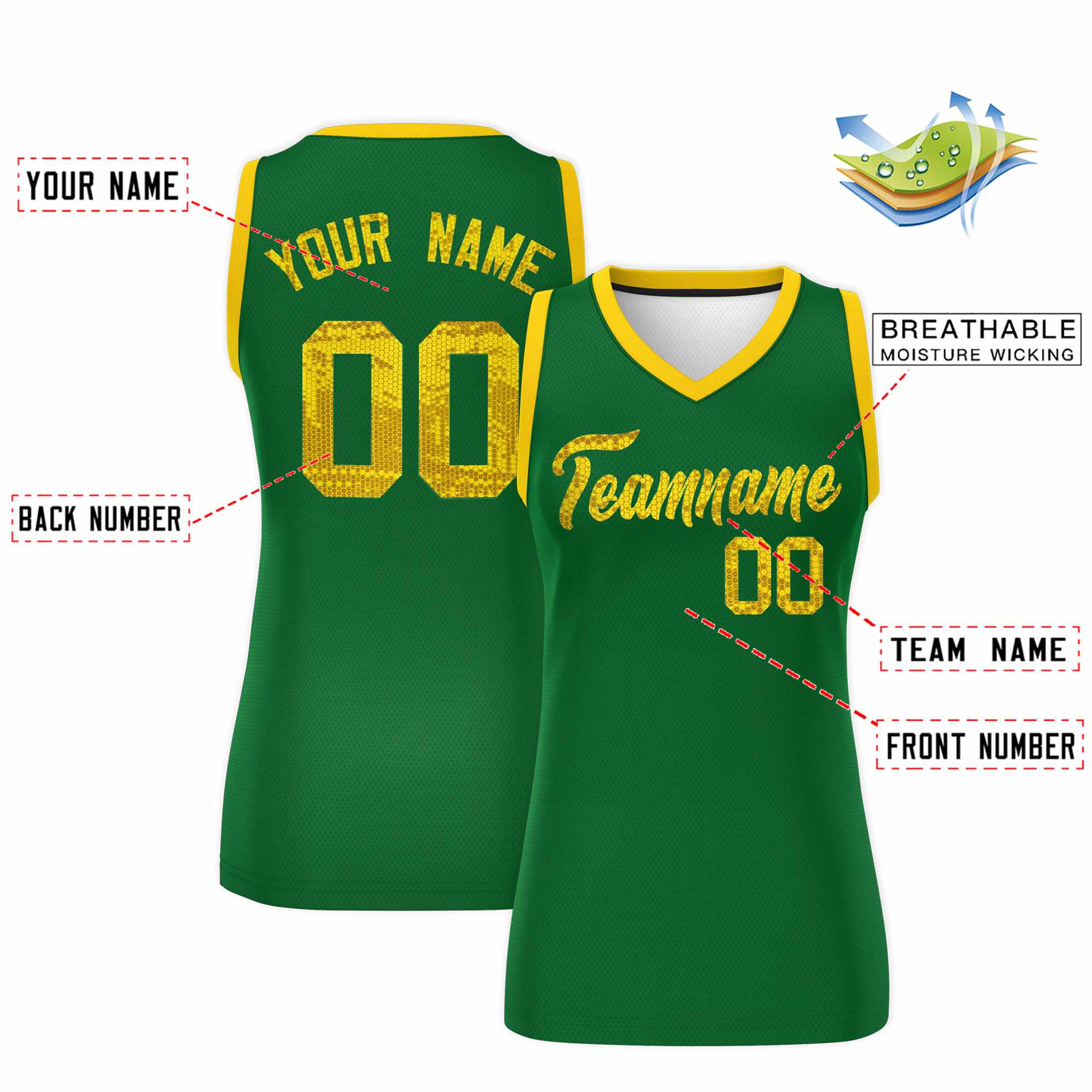 Custom Kelly Green Gold Women Basketball Jersey Sequined Dress