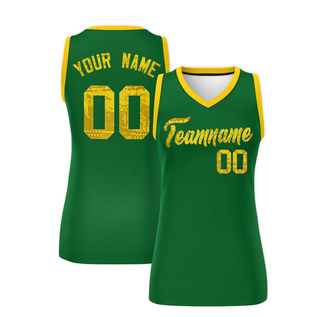 Custom Kelly Green Gold Women Basketball Jersey Sequined Dress