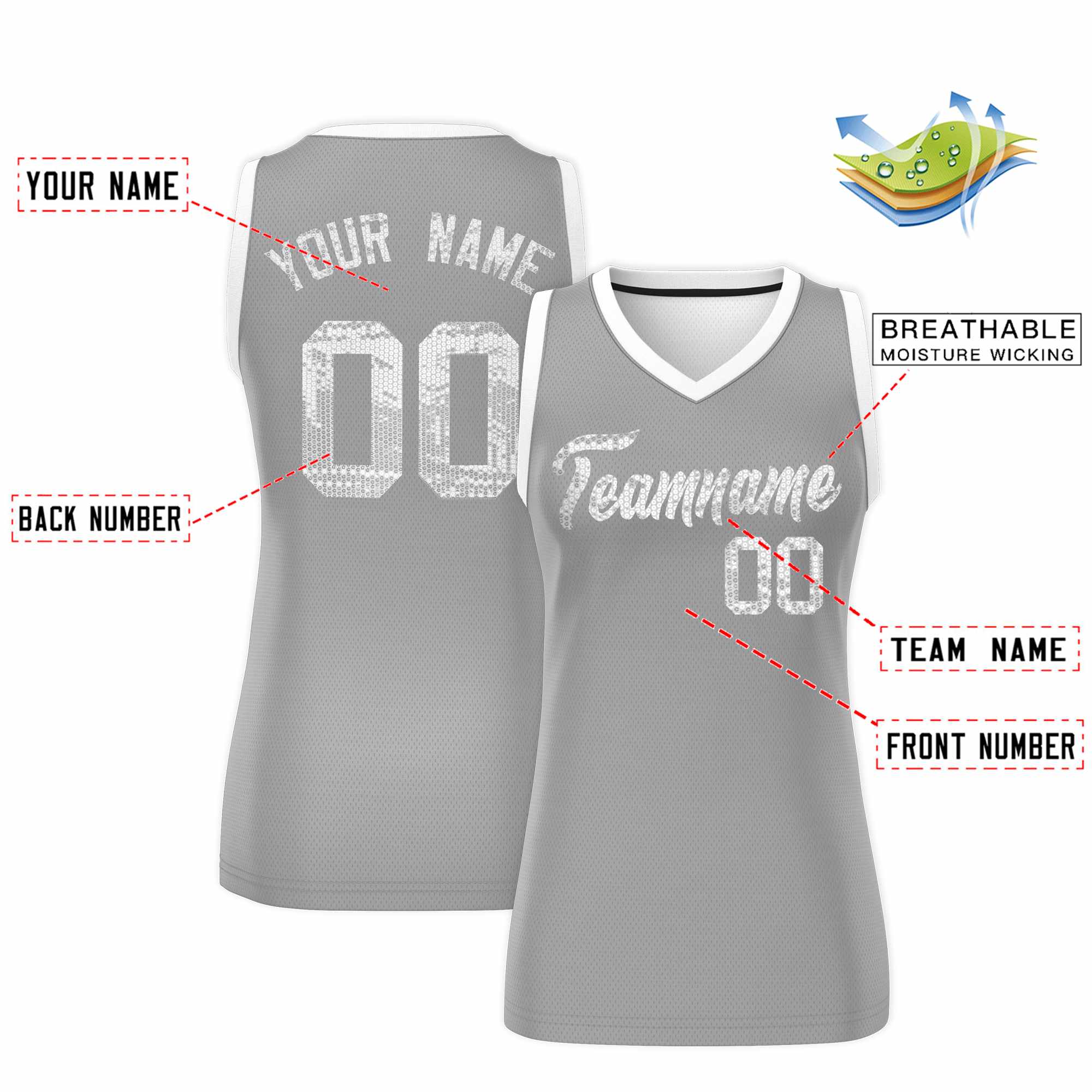 Custom Silver White Women Basketball Jersey Sequined Dress
