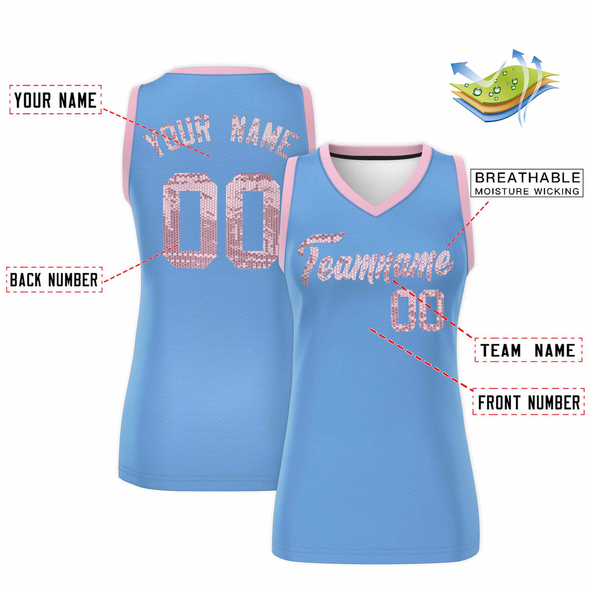 Custom Light Blue Light Pink Women Basketball Jersey Sequined Dress