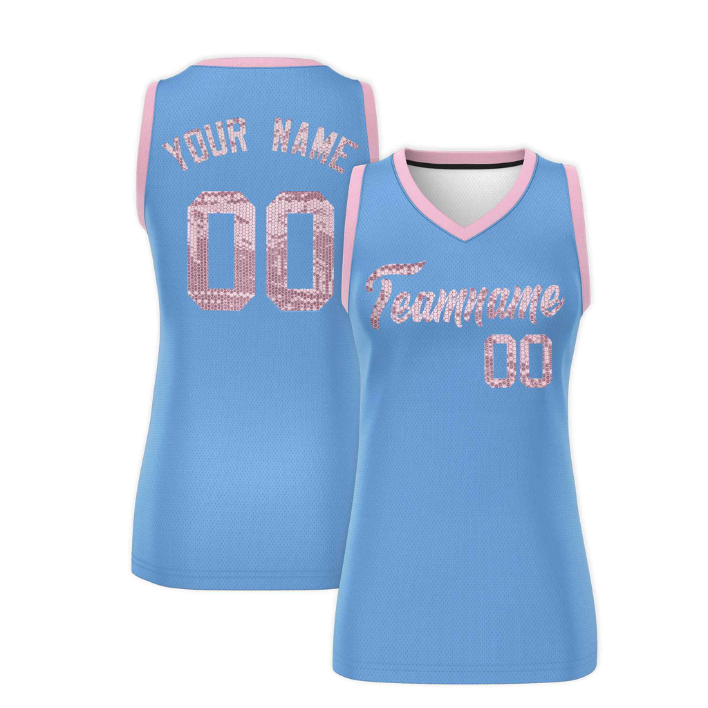 Custom Light Blue Light Pink Women Basketball Jersey Sequined Dress